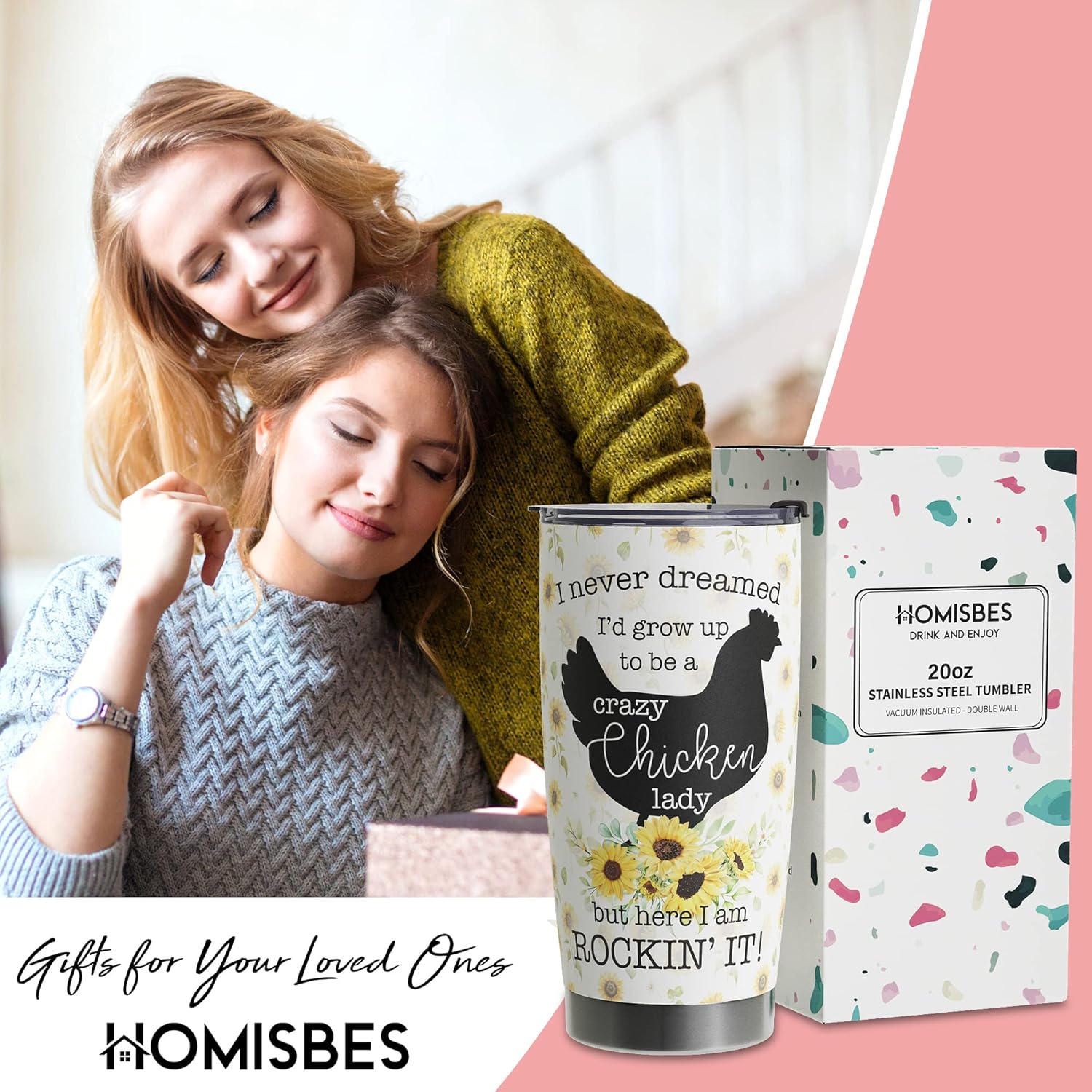 Crazy Chicken Lady Gifts - Stainless Steel Chicken Sunflower Tumbler Cup 20oz for Chicken Owners - Chicken Travel Mug for Mom Women Wife - Birthday Gifts for Chicken Lovers - Image 2