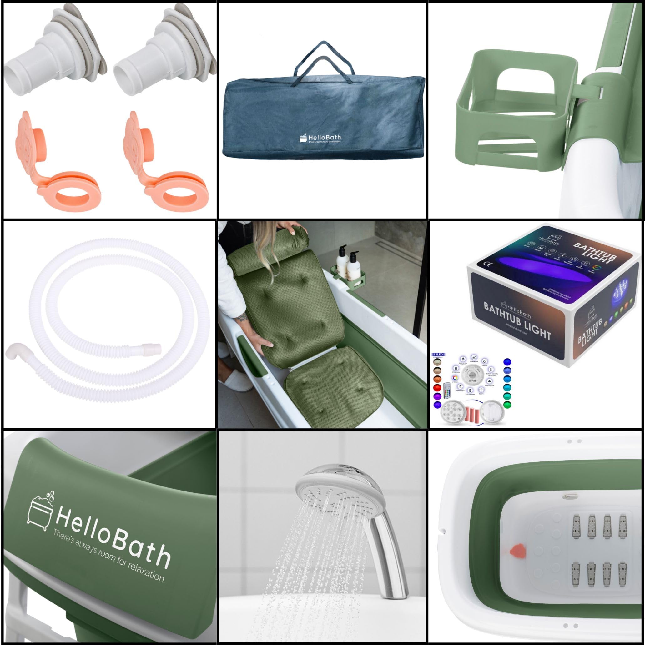 HelloBath® Opvouwbare Badkuip XXL 157x60x48 cm voor Volwassenen | Draagbare Badkuip met Badkussen, Opbergtas, LED-lamp & Massagerollers | Mobiele voor Douche & Buiten | Groen