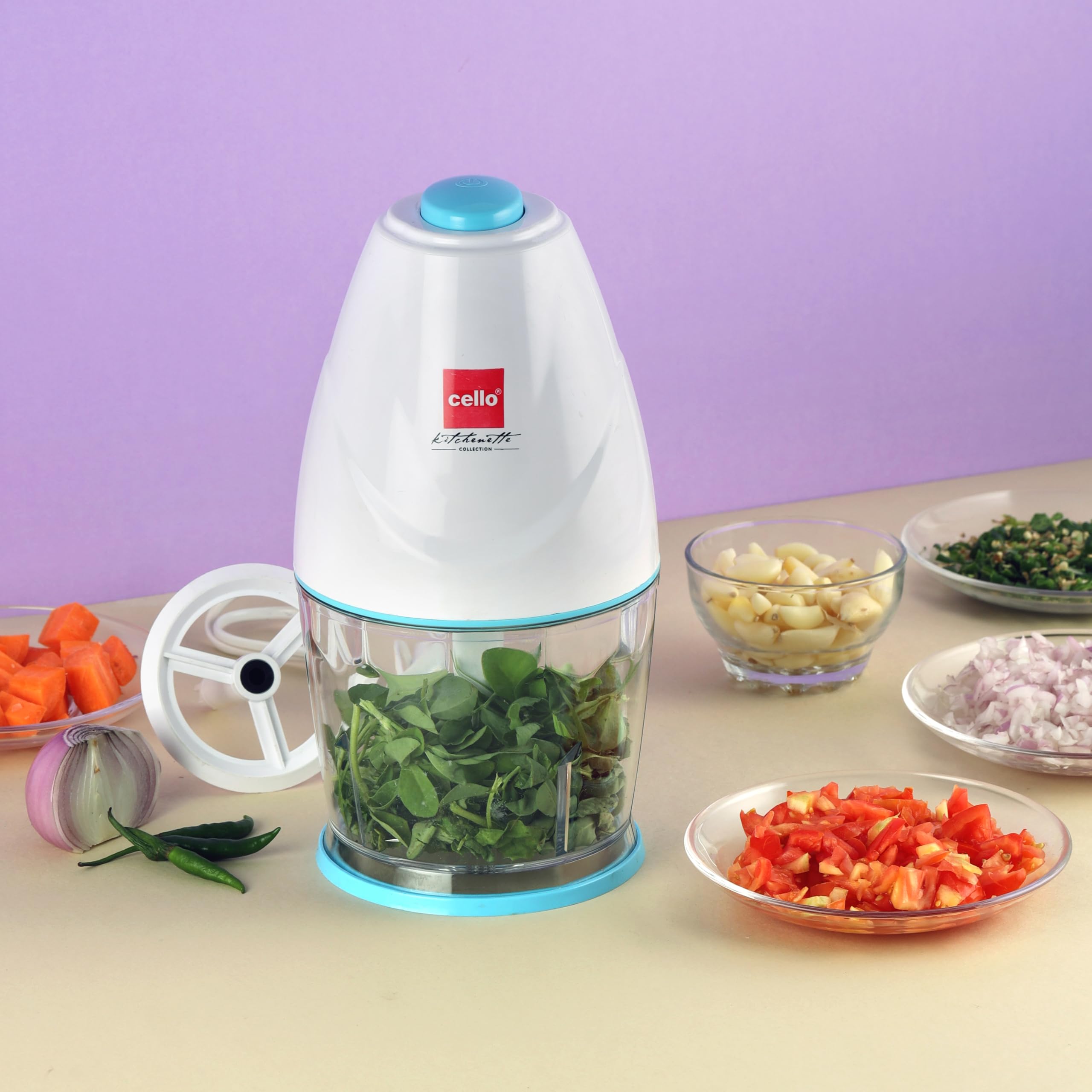 Cello Chop-N-Chop Slice Multi Functional Electric Chopper |Stainless Steel Blades |Low Noise & One Touch Button | Electric Vegetable & Fruit Chopper | White & Blue