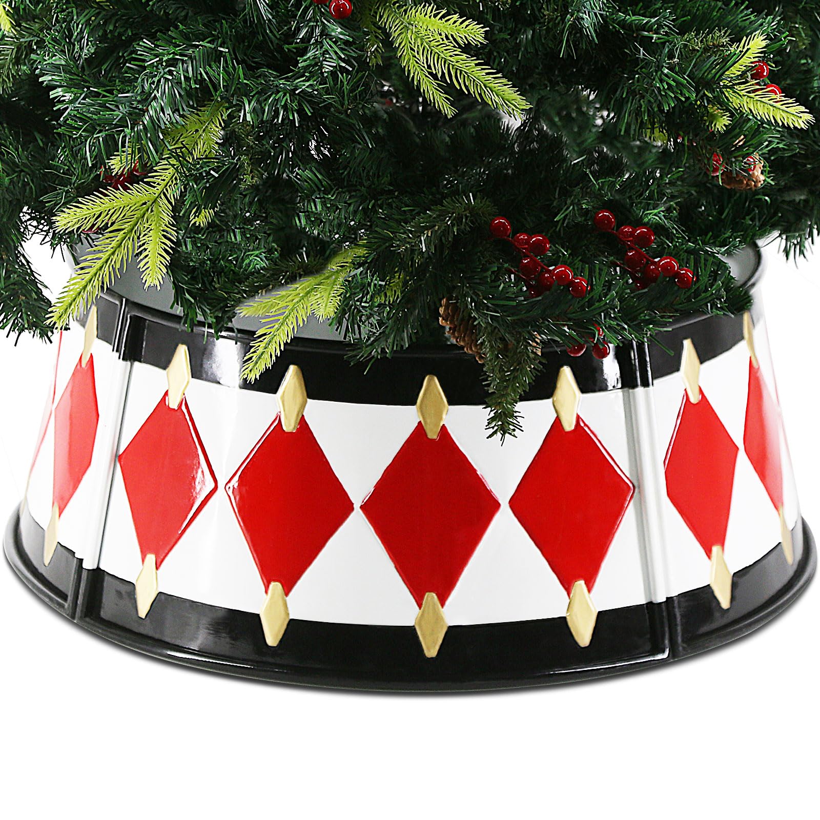 MINHOU-MINFEI Metal Christmas Tree Collar, 26 in Round Christmas Tree Base Collar for Artificial Tree Decorations (Black White Red Gold Drum Style)