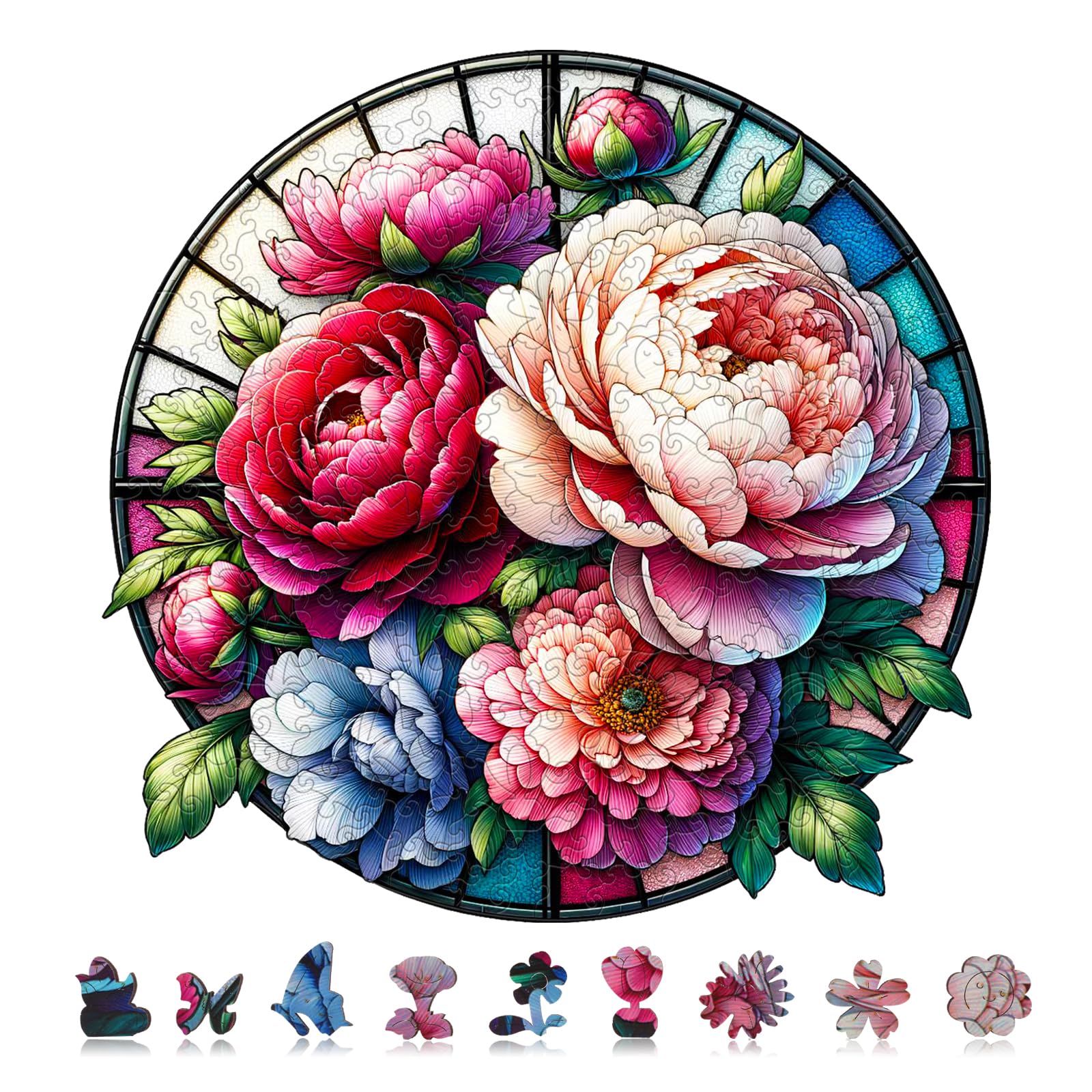 Wooden Jigsaw Puzzles for Adult, Glass Peony Flowers Wooden Puzzle, 200 Piece, Medium Size 11.23" x 10.95", Unique Challenge Puzzle for Puzzle Lover,