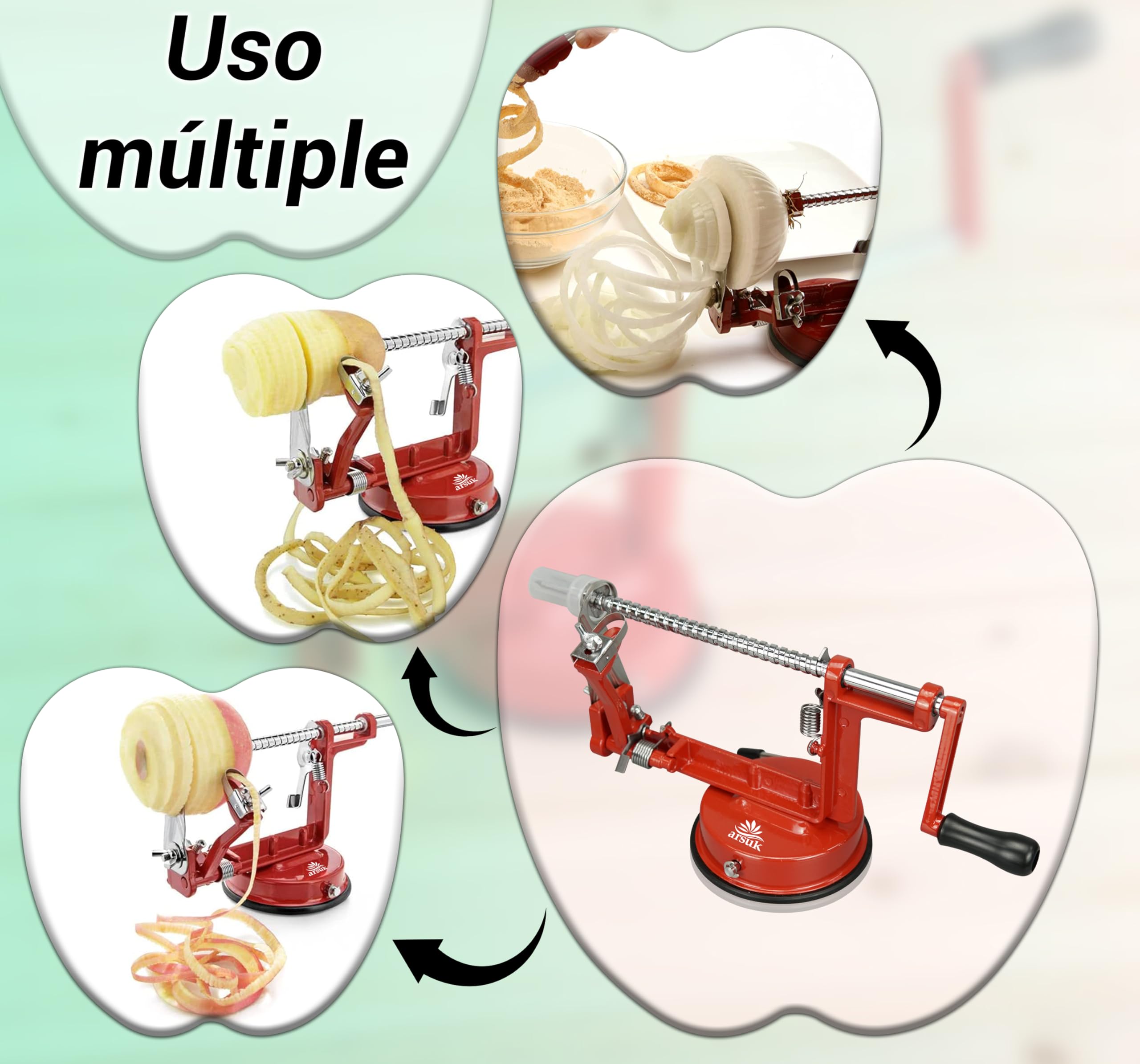 ARSUK 3 en 1 Pelador de Manzanas Manual con Cuchillas de Repuesto, Acero Inoxidable Ajustable