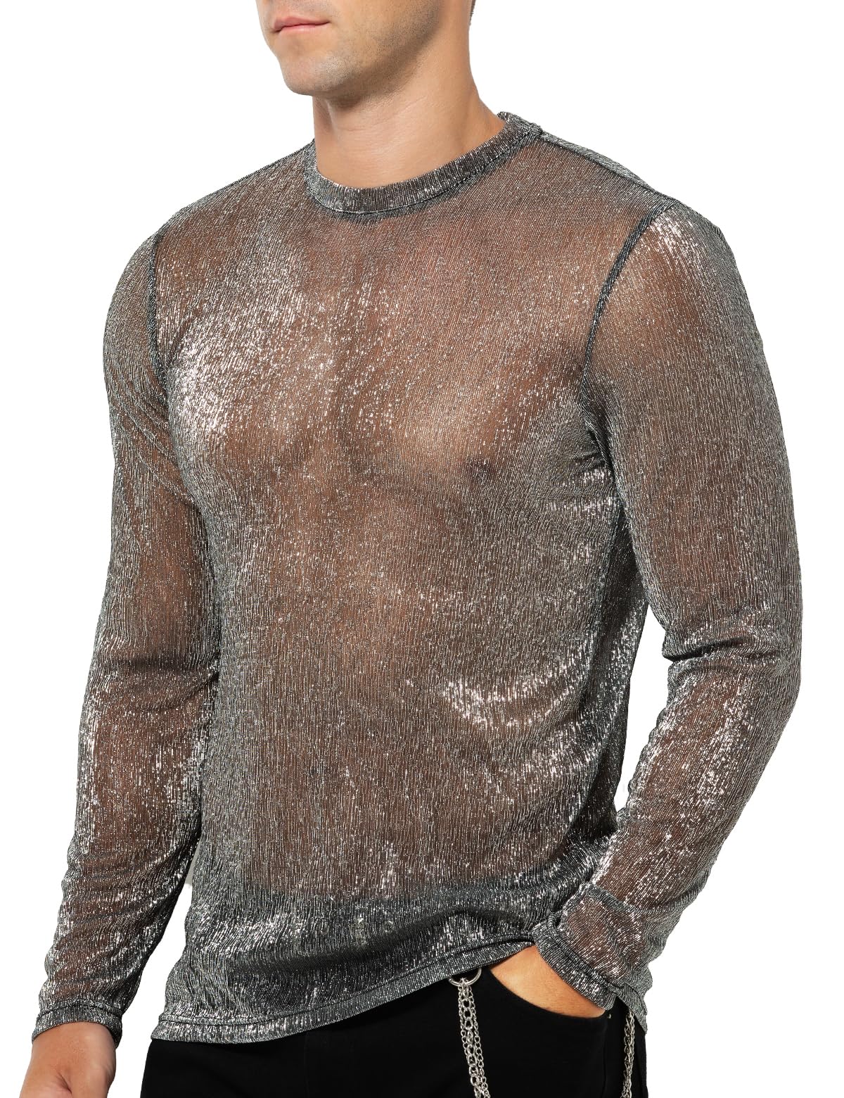 Casey Kevin Camiseta Transparentes Manga Larga Hombre Brillo Lentejuelas Rejilla Camisa Fiesta Plateada Brillante Ropa Sexy Top Fiesta Discoteca Punk Nocturno Jazz Rock Hip Hop Dance Clubwear
