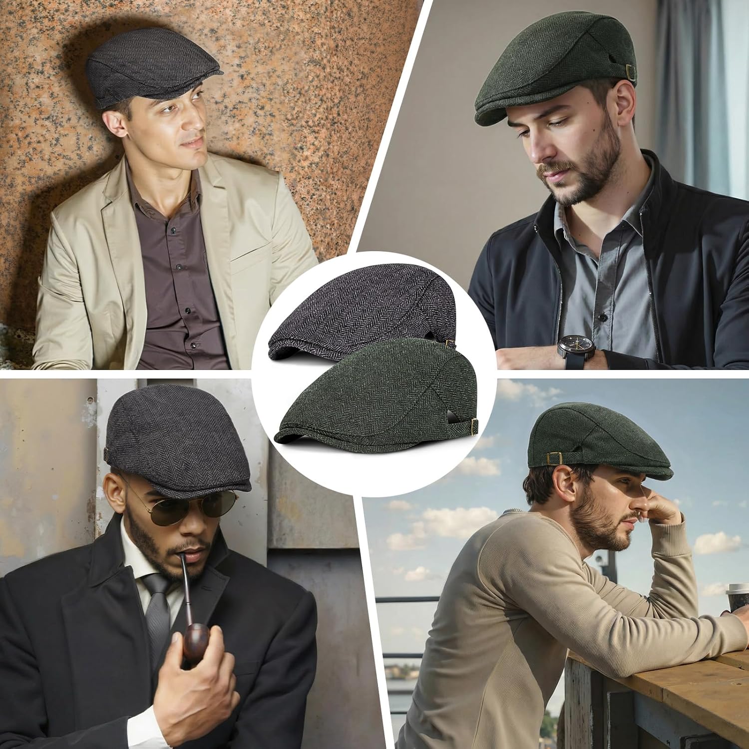 Senker Fashion 2 Pack Newsboy Cap for Men Adjustable Herringbone Tweed Wool Hats Blend Flat Cap Ivy Cabbie Driving Hat