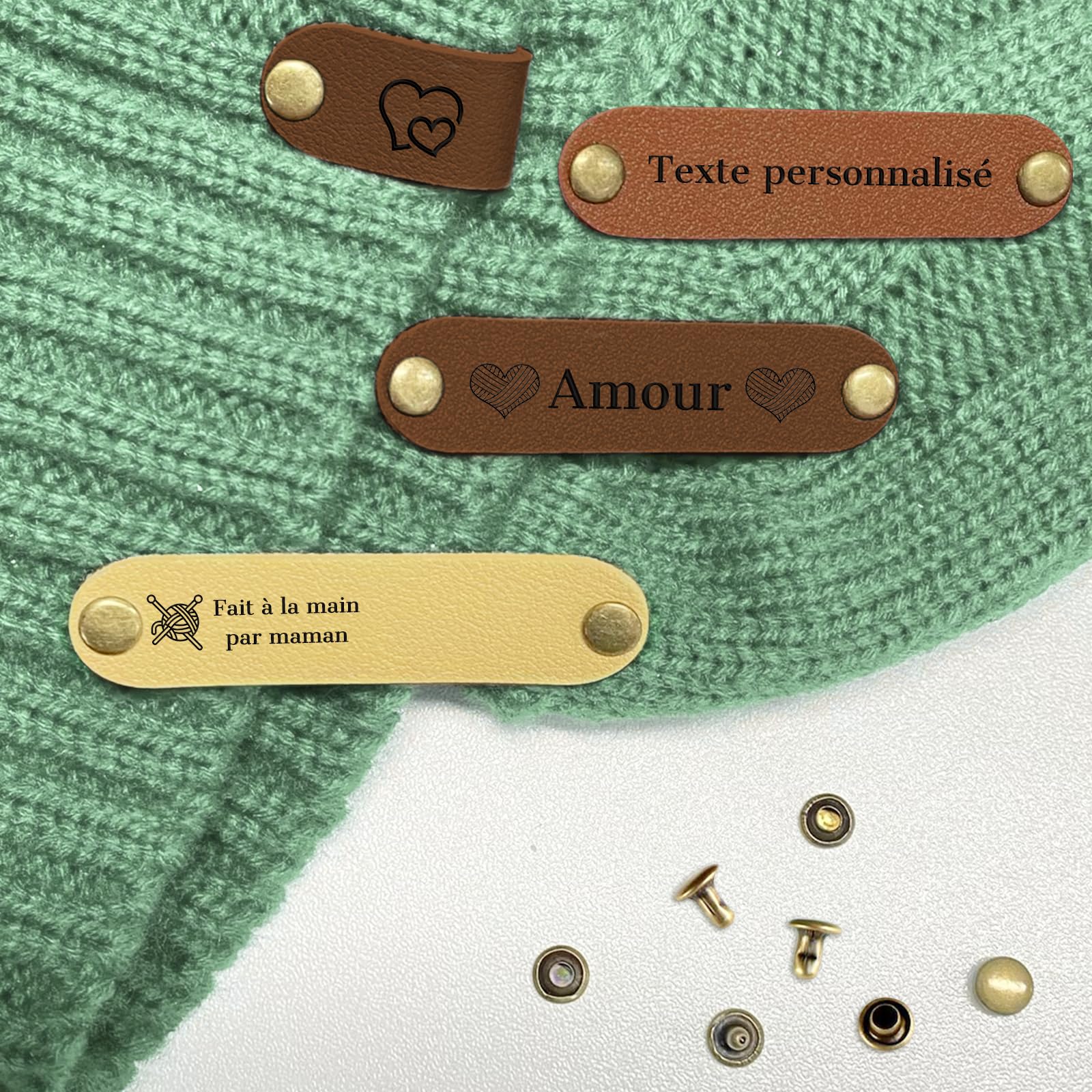 Étiquettes Personnalisées En Cuir Synthétique - Pour Articles Crochet/tricot - Avec Boutons-pression - Marque Tes Créations