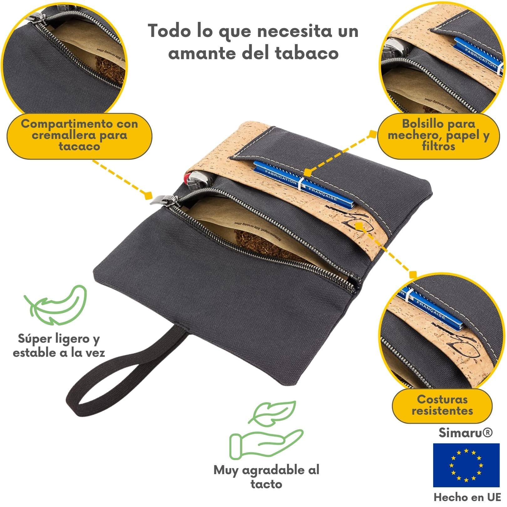 SIMARU Portatabacco Borsello in robusto sughero/cuoio di sughero e tessuto di cotone organico, disegnato in modo geniale e innovativo con vano per accendino, filtri e cartine (Antracite & Raizes)