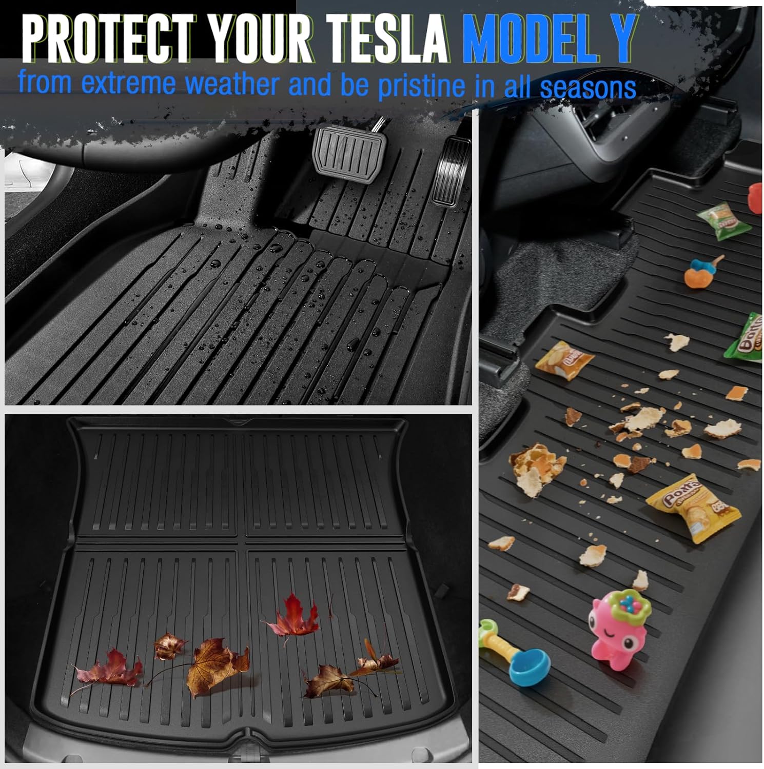 Tesla Model Y Floor Mats 2024 2023 2022 2021 2020, 6-Piece Complete Set for 5 Seater, Waterproof Non-Slip All-Weather Protection, Black