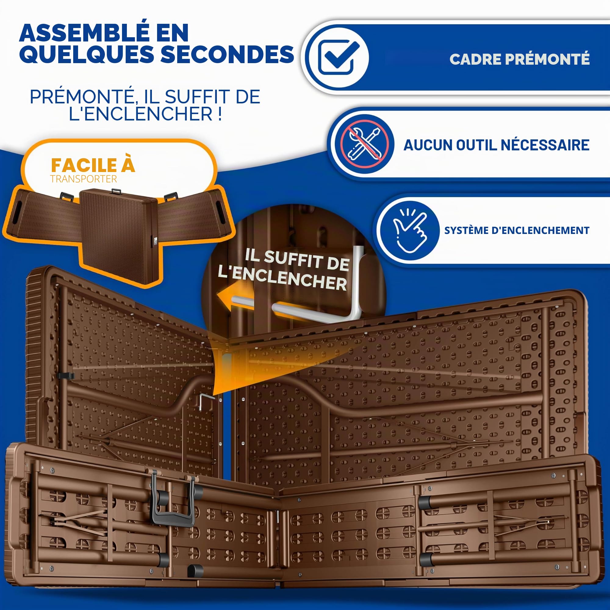 KESSER® Ensemble de Tente à bière, Set de 3 pièces : Table + 2 bancs, pour l'intérieur et l'extérieur, Pliable, avec poignées de Transport, Plastique, Aspect rotin | Meubles de Jardin, Marron