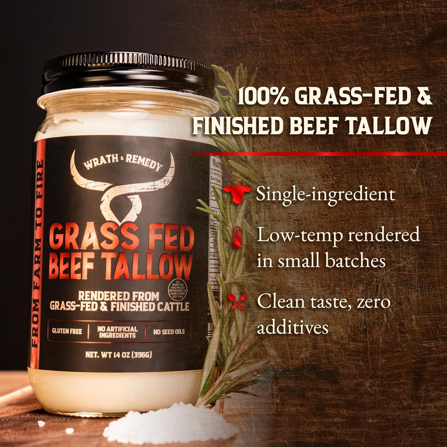 Beef Tallow for Cooking (14 oz) — US-Made, 100% Grass-Fed and Finished Beef Fat, Rich Flavor — Pure Beef Tallow for Deep Frying, Searing, Baking — Keto, Paleo, Carnivore Friendly- No Additives