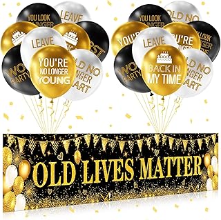 OLD LIVES MATTER Party Decorations Black Gold Funny Happy Birthday Banner and 18 Pcs Old Men Balloons for 30th 40th 50th 60th 70th 80th 90th Birthday Retirement Yard Backdrop Supplies Outdoor Indoor