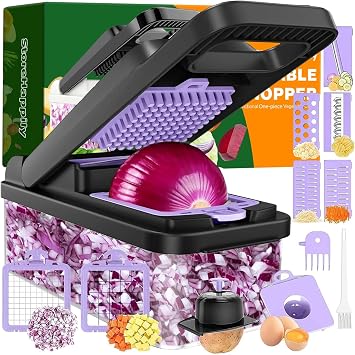 12-in-1 Vegetable Chopper 7 Blades, Veggie Cutter with Handle, Black/Purple