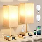 Lampes de table tactiles côté lit 2 - Lampes de table de nuit pour chambre avec USB Ports de recharge C+A & AC Des sorties, 3 Façon dimmable avec l'ombre en tissu de lin pour le salon, dorme (bulbe inclus)