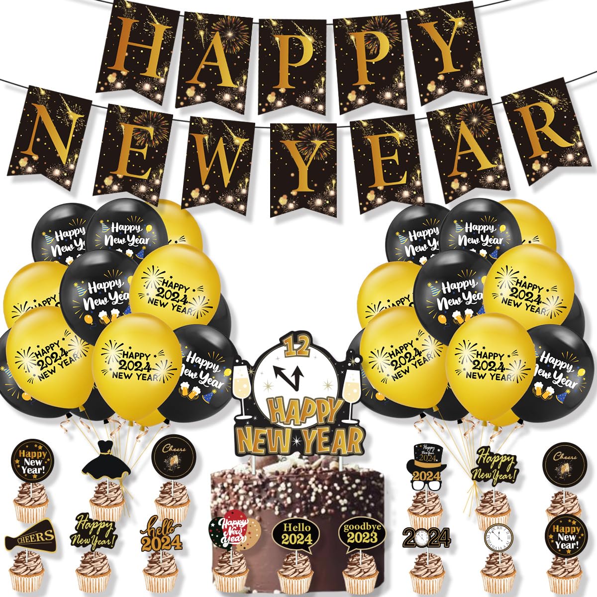 New Years Eve Party Supplies, New Year Decorations 2024 with Black Gold Balloons Happy New Year Banner and Cupcake Toothpicks for New Year Eve Party Decor 2024