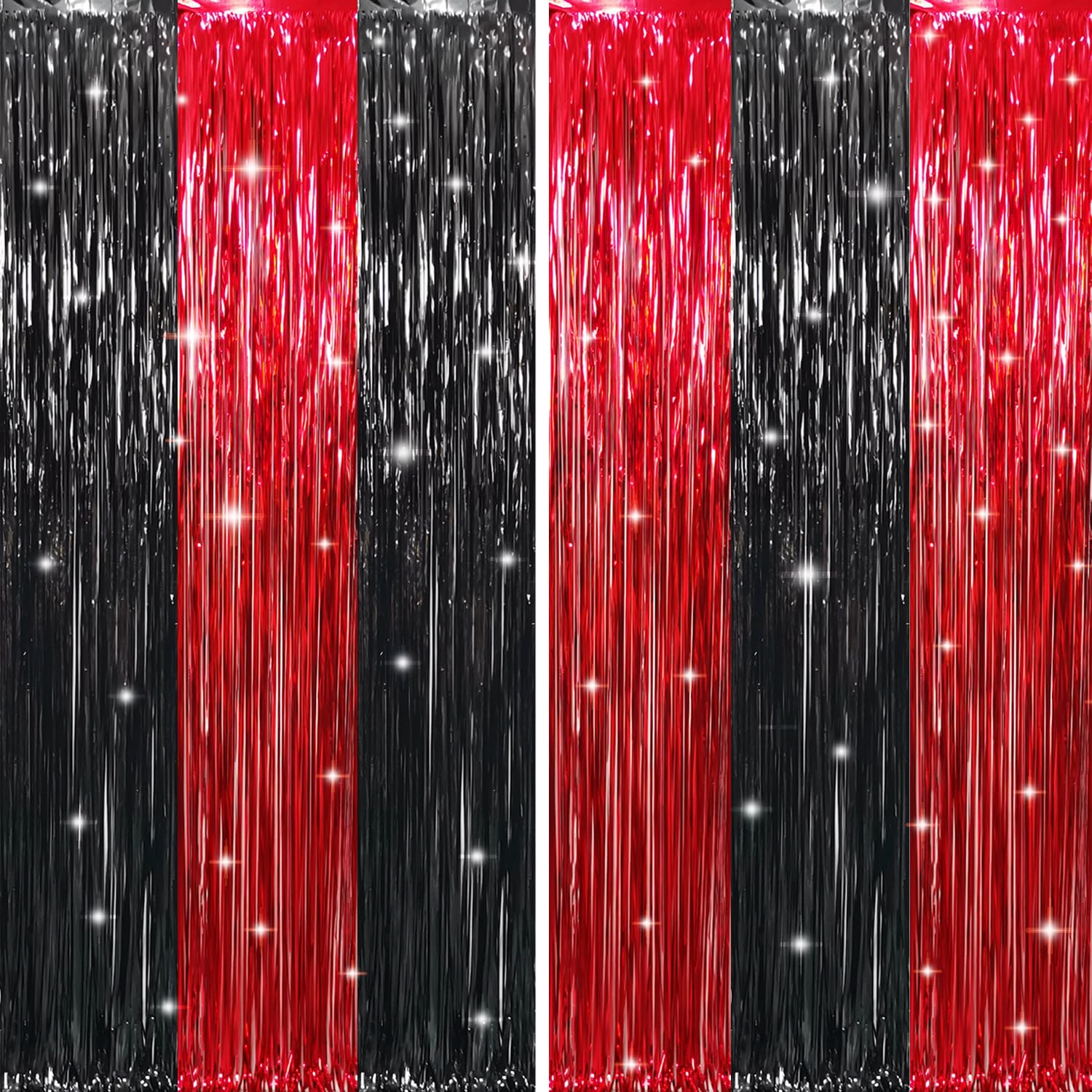 GOER 6.4 ft x 8.2 ft Metallic Tinsel Foil Fringe Curtains,Pack of 2 Party Streamer Backdrop for Birthday,Graduation Decorations and New Year Eve (Black&amp;Red)