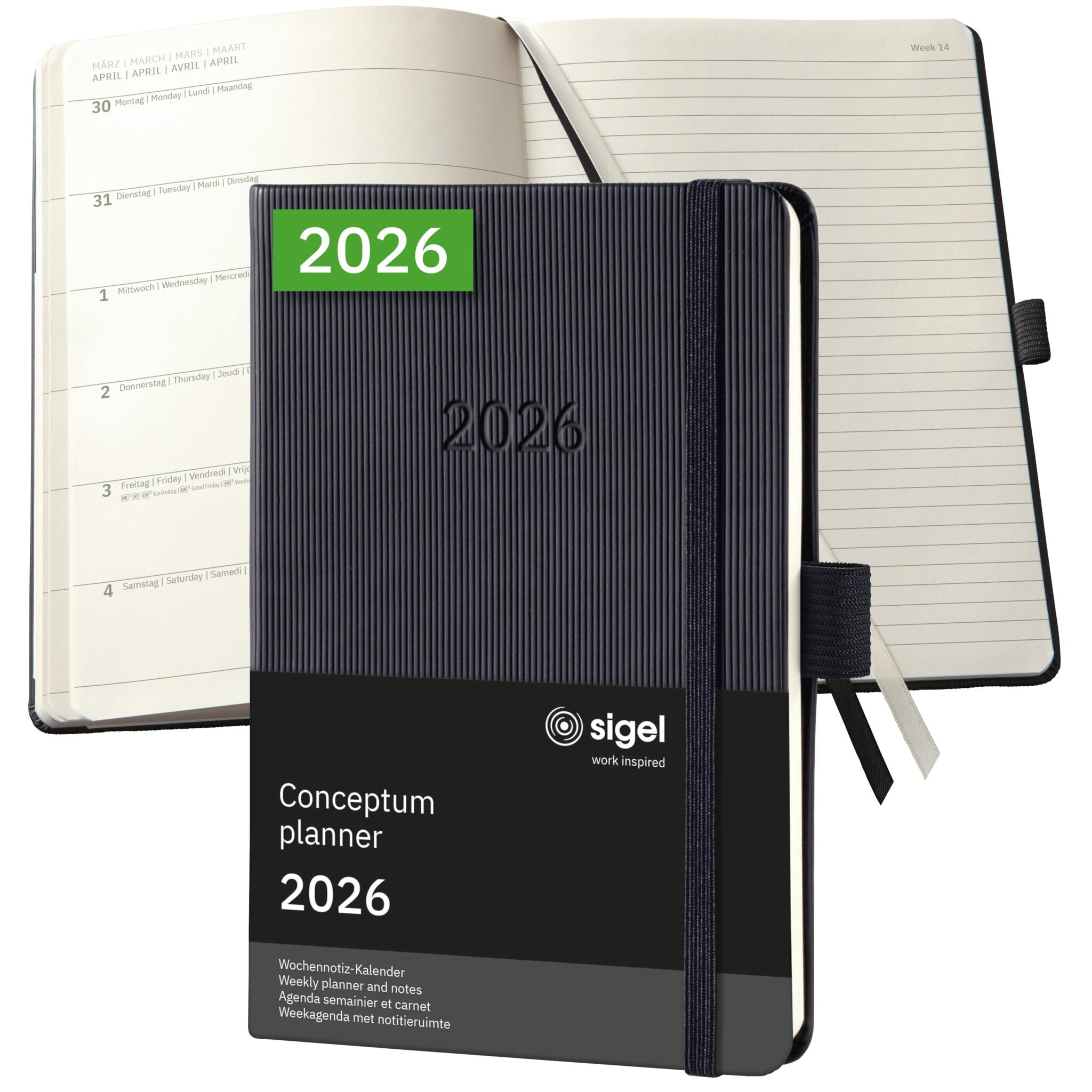 SIGEL C2615 Terminplaner Wochennotiz-Kalender 2026, ca. A6, schwarz, Hardcover, 176 Seiten, Gummiband, Stiftschlaufe, Archivtasche, aus nachhaltigem Papier, Kalenderbuch Conceptum