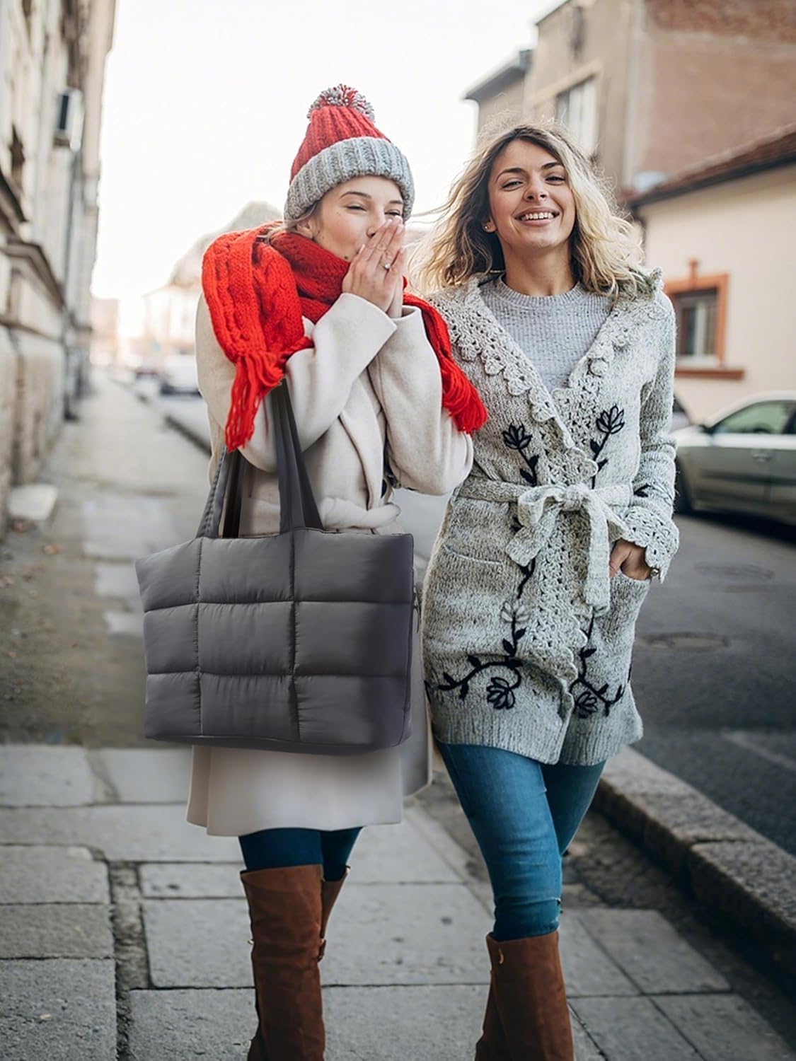 Puffer Tote Bag for Women, Large Quilted Puffy Handbag with Side Pockets Lightweight Shoulder Bag