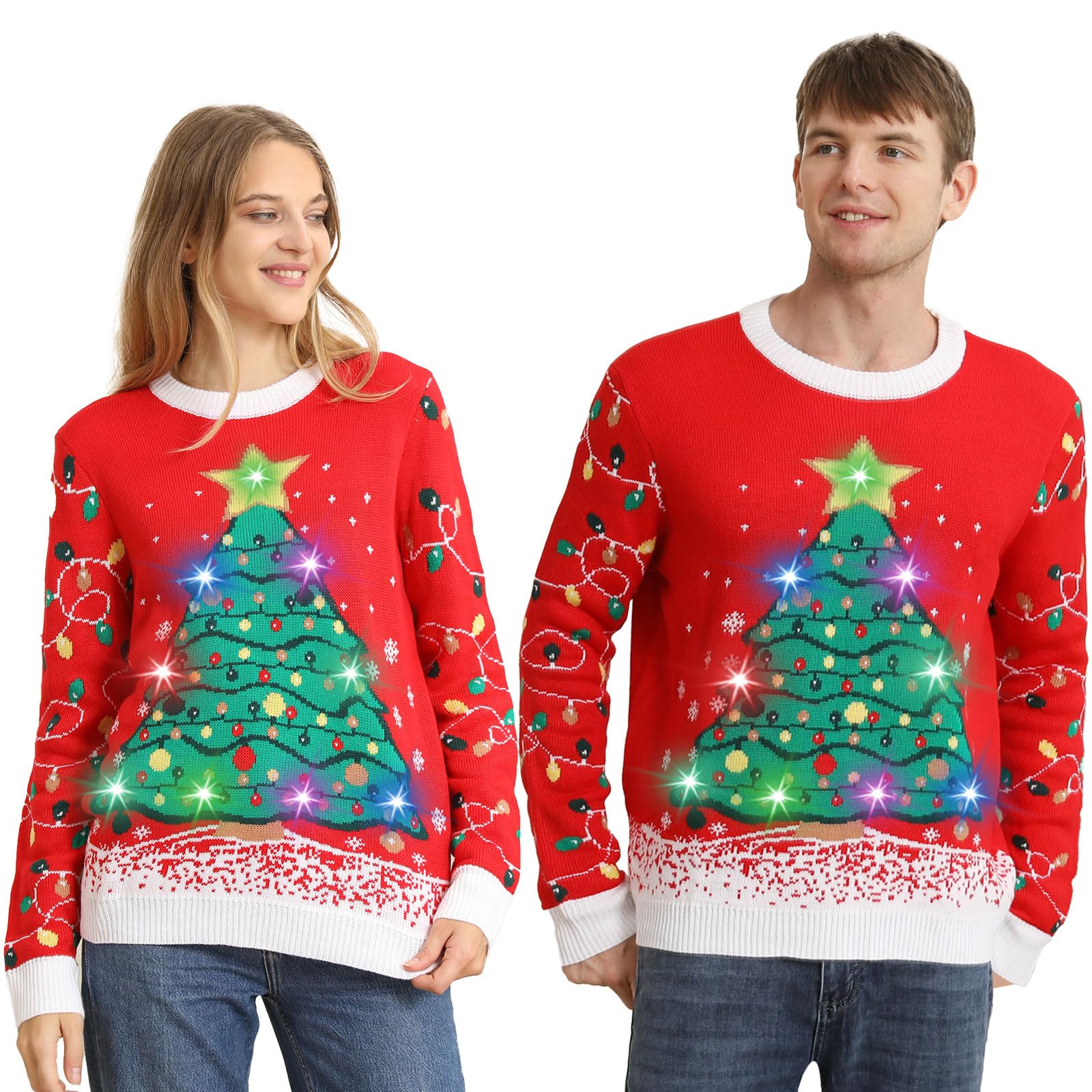 Ugly Christmas Sweater 2024, Maglione Natalizio con Luci, Maglione Natalizio Donna Uomo Divertente Maglione di Natale con luci led, Girocollo Maglioni Natalizi Famiglia Adulti per Coppia/Donna/Uomo