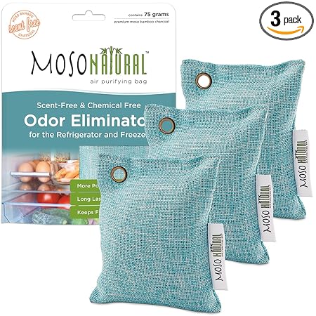 MOSO NATURAL Unscented Air Purifying Granule Bag For Your Refrigerator. More Powerful Than Baking Soda. Refrigerator Odor Eliminator. Reuse Up To Two Years 75G Pack Of 3
