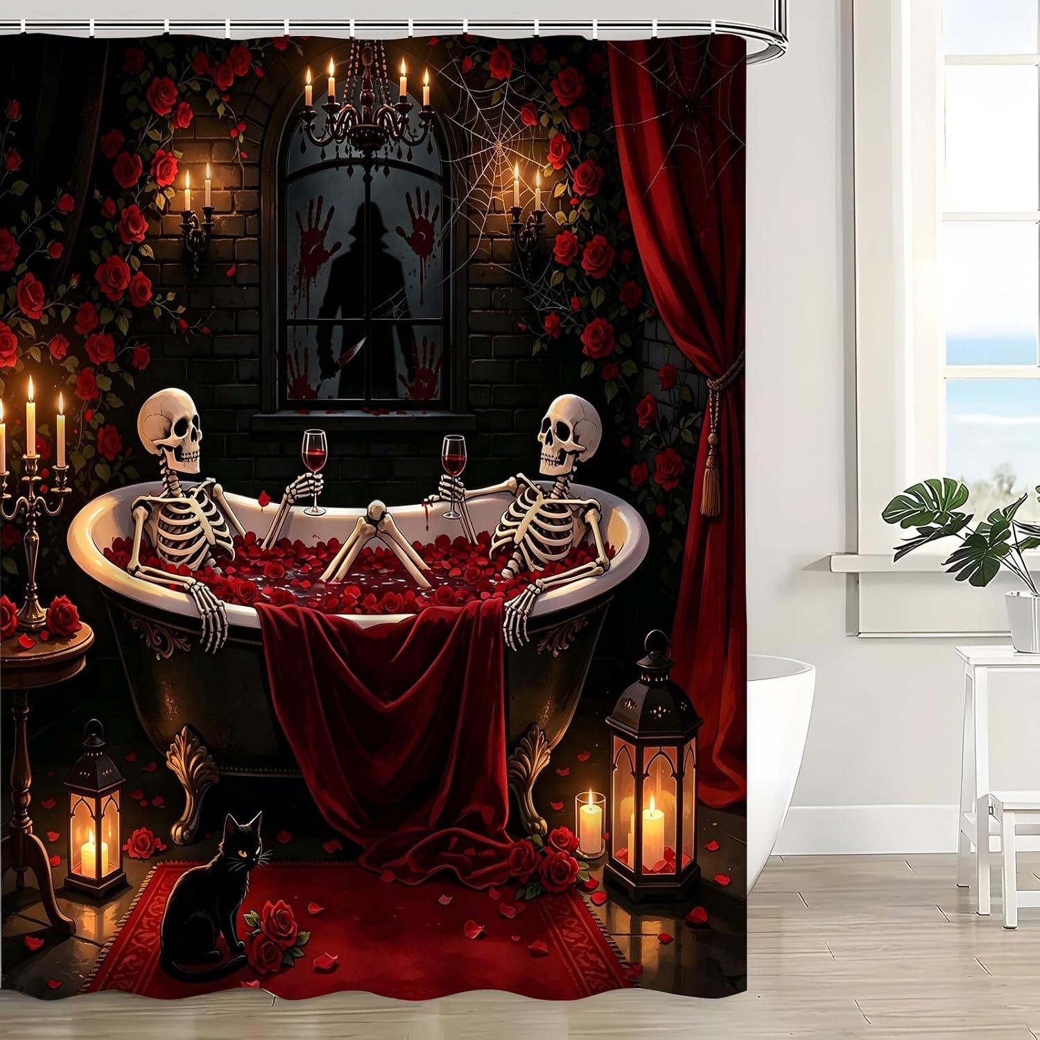 Gothic Halloween Shower Curtain Skeleton in Bathtub, 70" W x 70" L