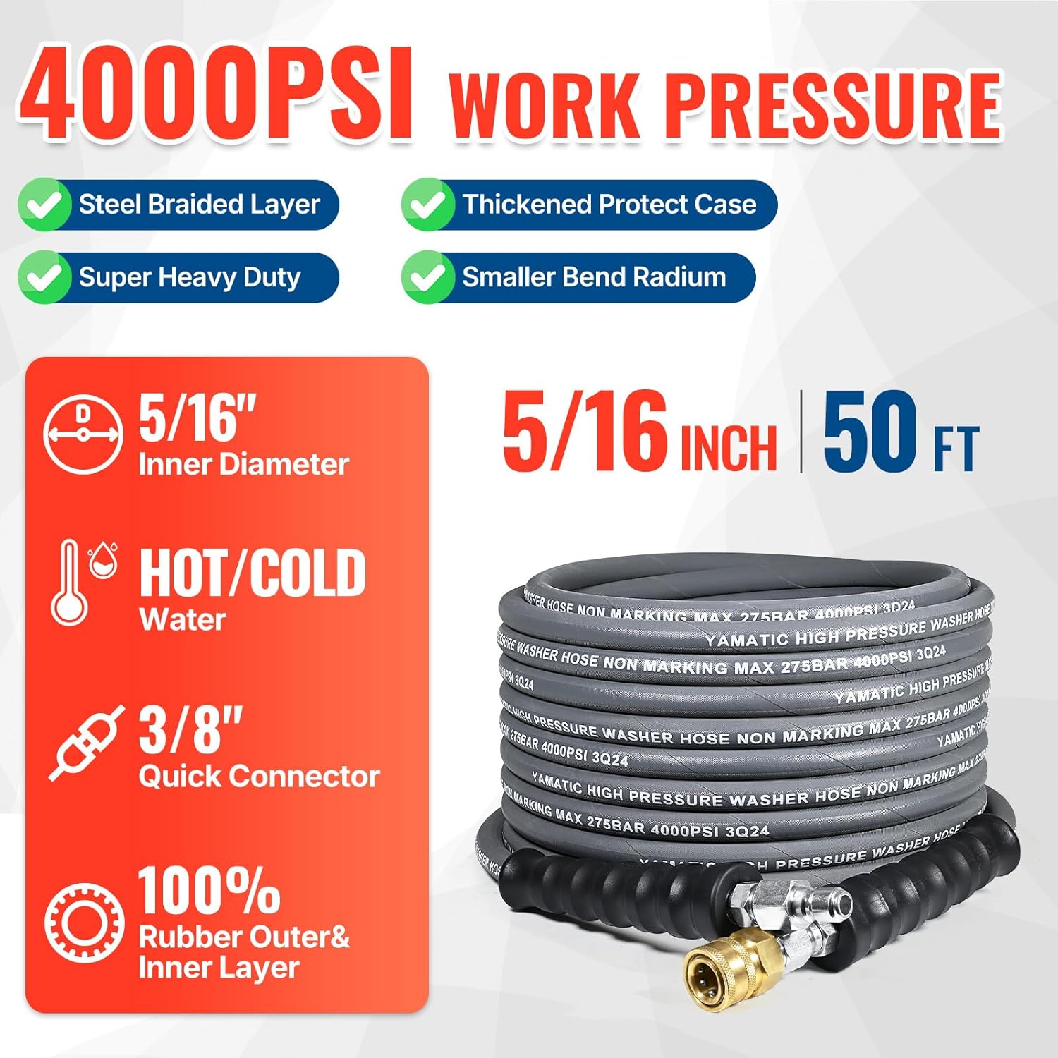 YAMATIC Pressure Washer Hose 50 FT, 5/16" Non-Marking Hot Water Use, 4000 PSI Steel Wire Braided Rubber Jacket – Replacement Power Washer Hose for Commercial Use