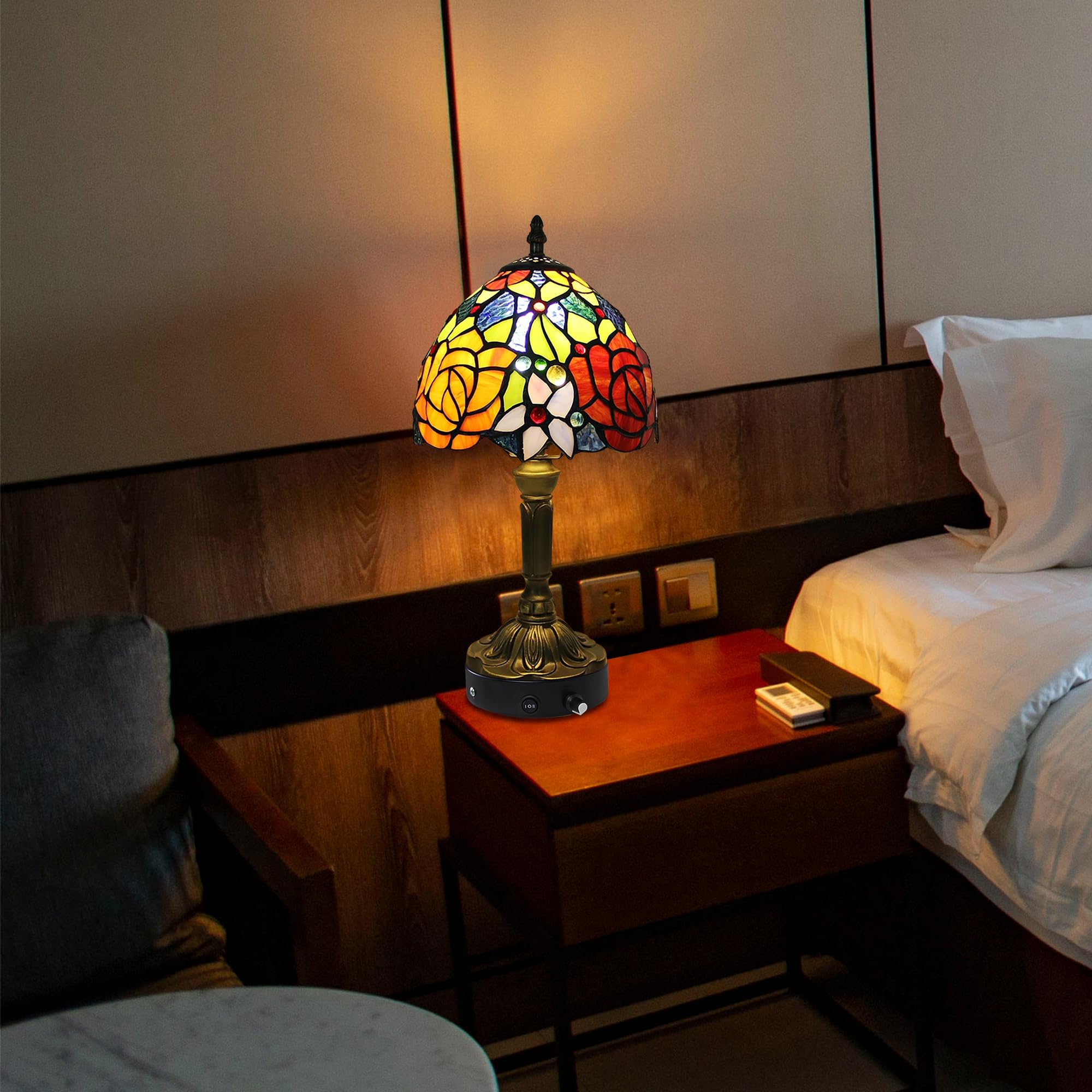 Tiffany-Stil Tischlampe Kabellos Warmweißes, Wiederaufladbar Tischleuchte, Dimmbar Nachttischlampe mit Glasschirm für Nachttisch Esszimmer Schlafzimmer -TD0934