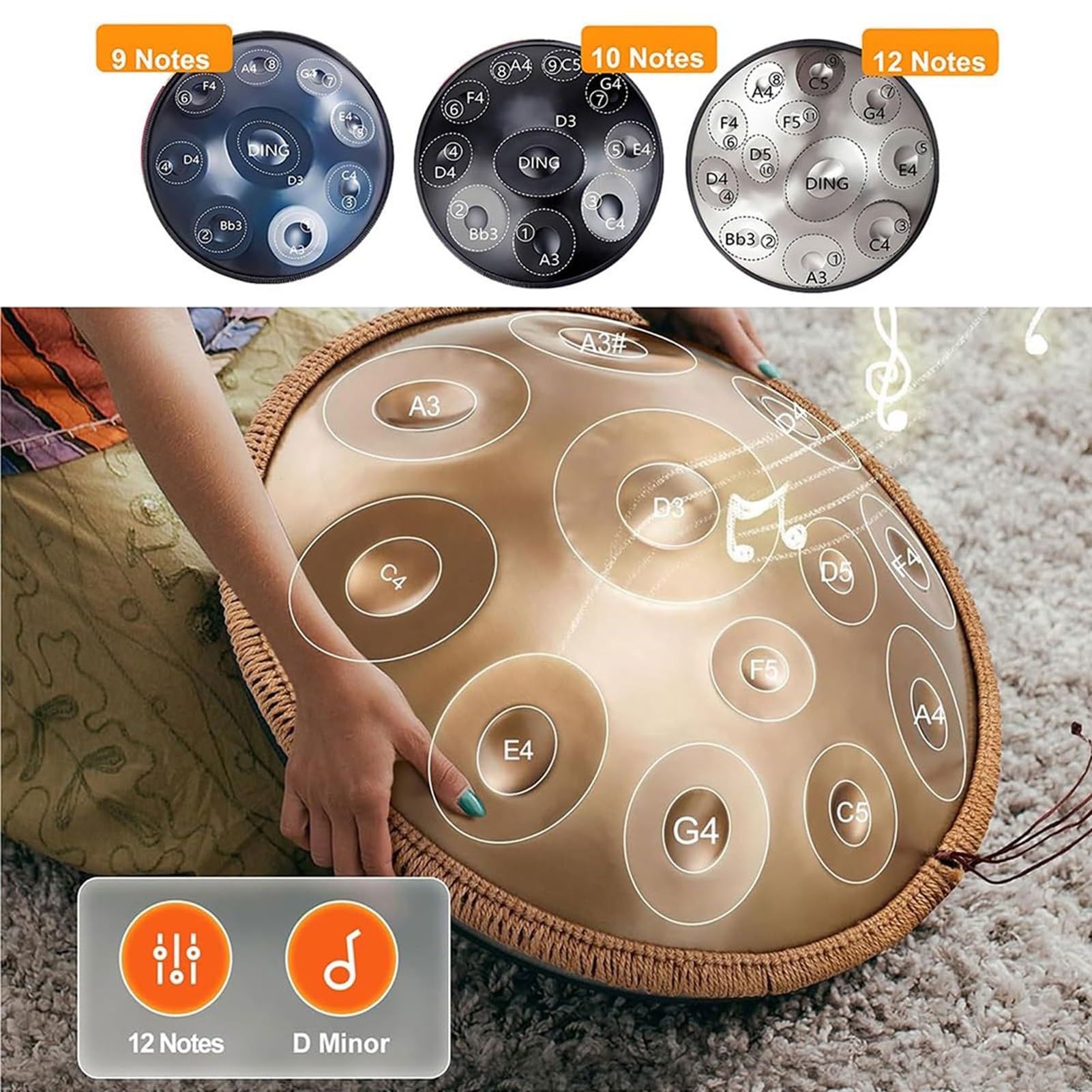 22 Pollici 9/10/12 Note Strumento A Percussione Handpan Per Adulti, Tamburo Handpan In Acciaio Da 440 Hz/432 Hz, Percussioni Armoniche In Re Minore Per Principianti(Deep purple,10 notes(440HZ))