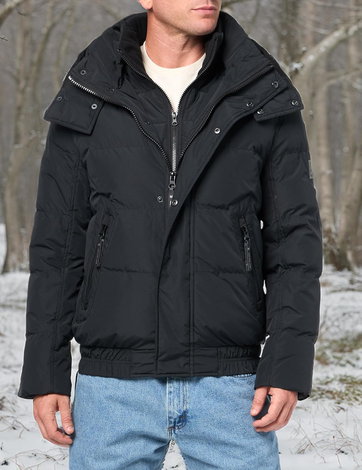 Andrew Marc mens Short Quilted Inner Bib Attached Down Fill Phoenix Down Bomber Hybrid - Image 3
