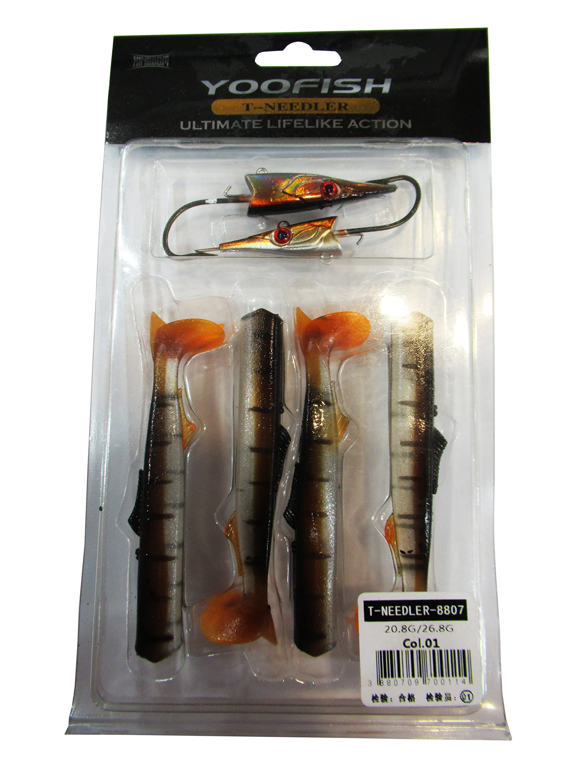 Kingdom T-NEEDLER Sinking soft lure fishing 2pc Different Weight Lead Jig Head (20.80g/ 28.80g) + 4pc Soft, color brown