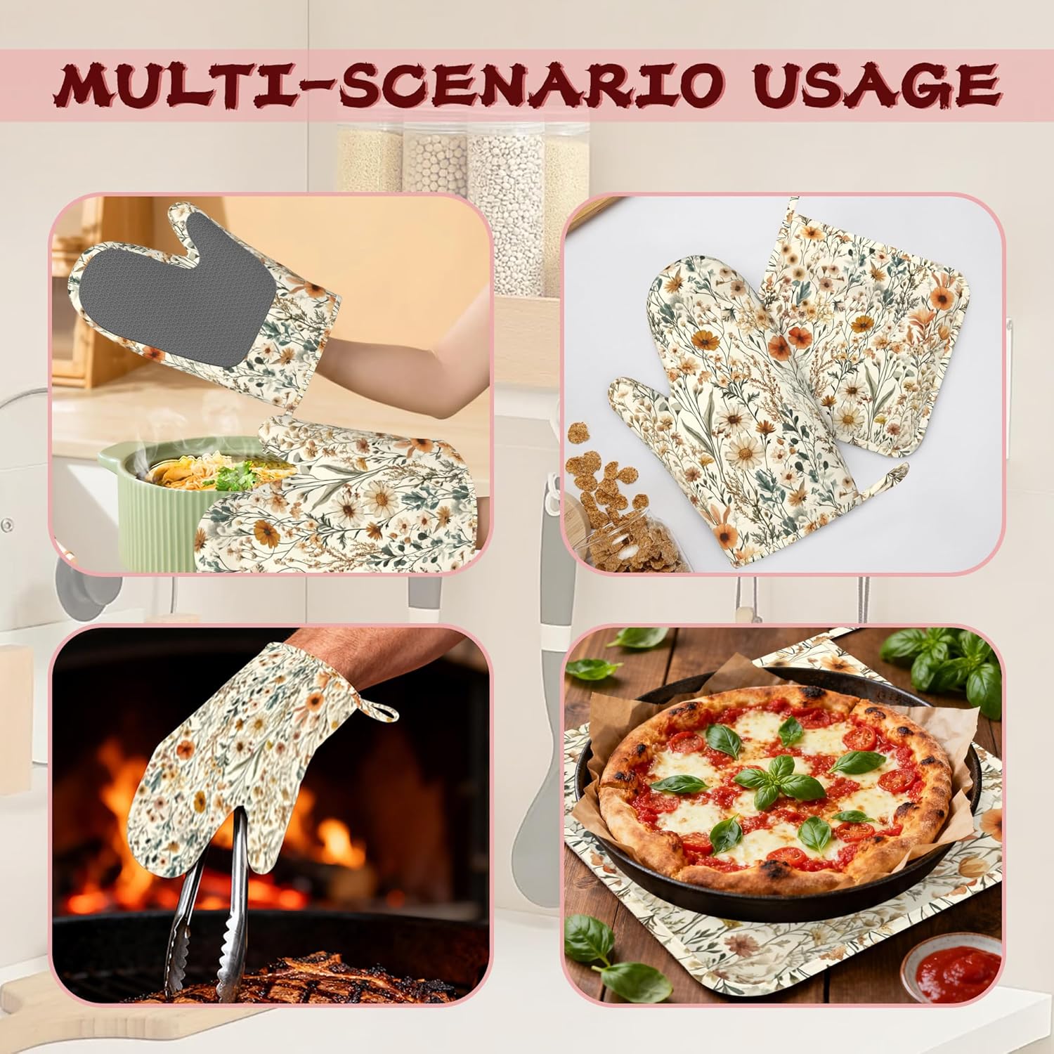Vintage Flowers Silicone Oven Mitts and Pot Holders,Boho Heat-Resistant 4 Piece Kitchen Set Non-Slip Oven Gloves and Hot Pads for Cooking, Baking, Grilling,BBQ