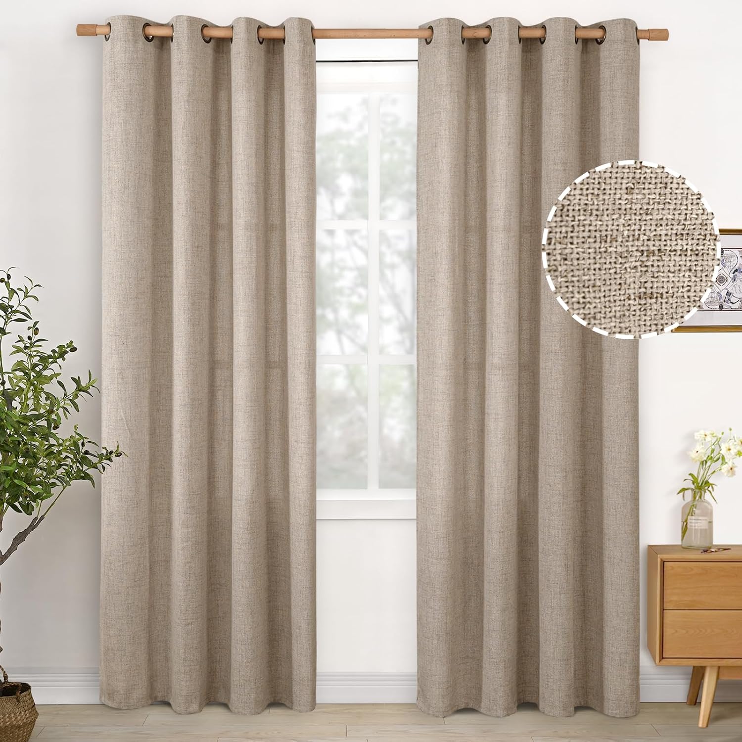 YoungsTex Oatmeal Linen Curtains 84 lnches Length 2 Panels for Living Room, Burlap Semi Sheer Drapes with Bronze Grommet Light Filtering Window Treatments for Bedroom Farmhouse, 52 X 84 Inch