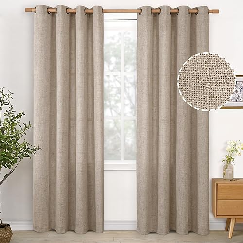 YoungsTex Dark Oatmeal Linen Curtains 84 lnches Length 2 Panels for Living Room, Semi Sheer Drapes with Bronze Grommet Light Filtering Textured Window Treatments for Bedroom Farmhouse, 52 X 84 Inch