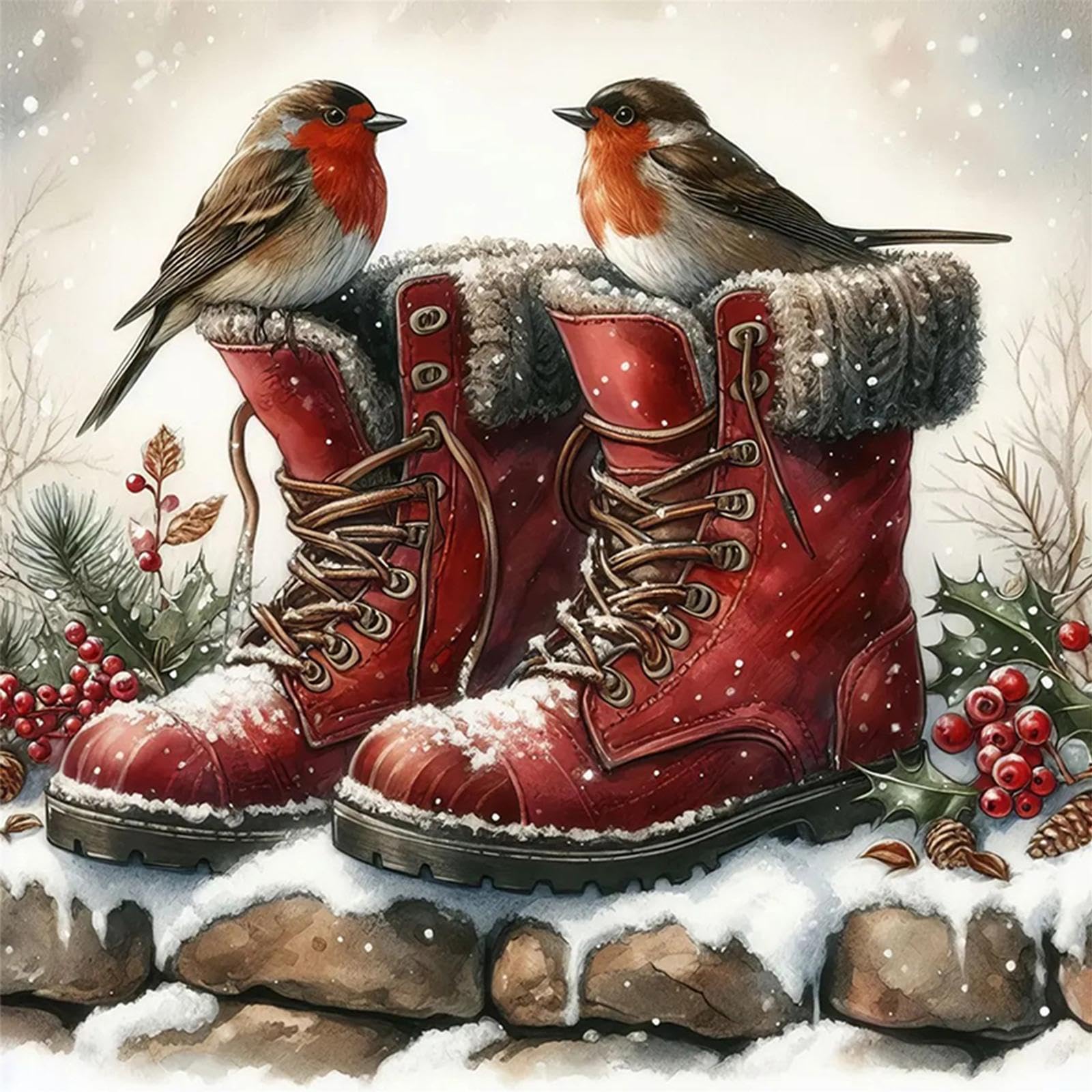 Stamped Cross Stitch Kits for Adults Beginners,Boots and Robin 11CT Printed DIY Canvas Pattern, Easy Needlepoint Embroidery Kit Supplies, Home Wall Decor Art Craft Gift 15.75x15.75inch