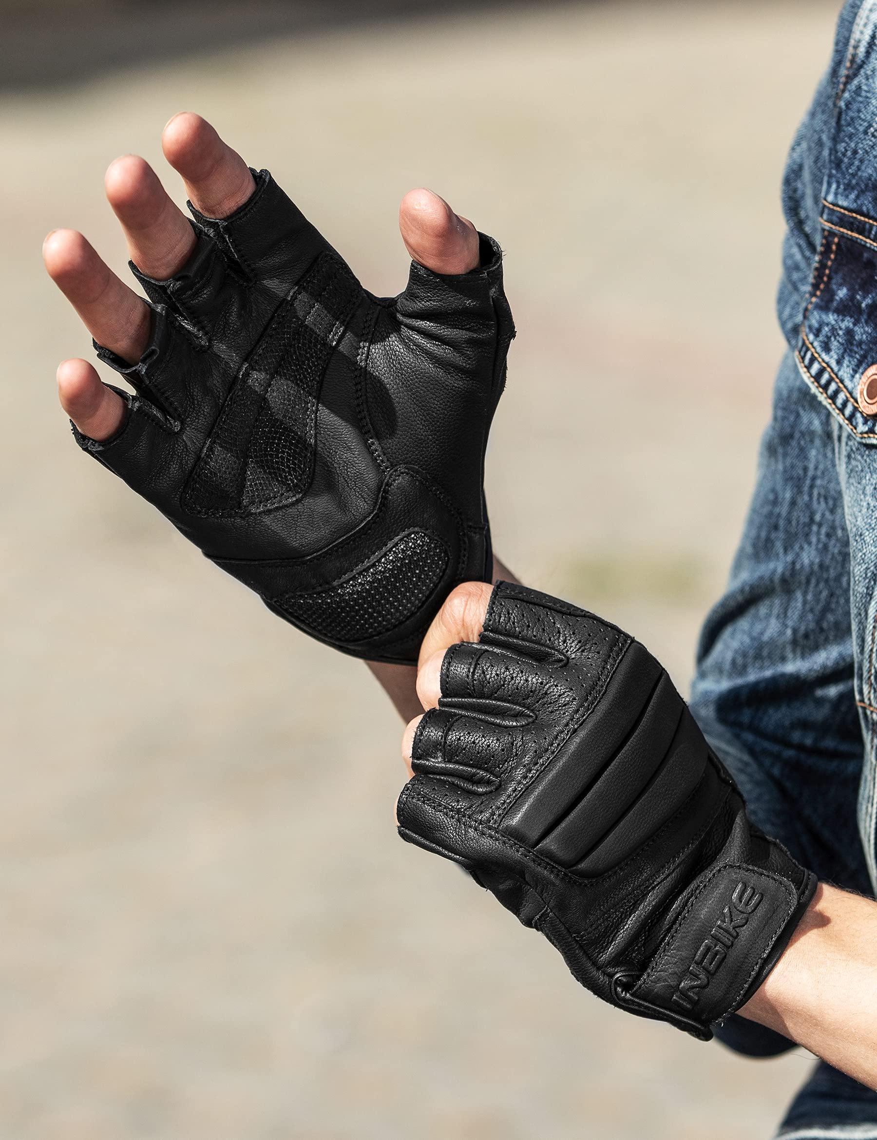 INBIKE Guanti da Ciclismo Estivi Guanti Pelle di Capra Mezze Dita Traspirante Antiscivolo per Tattici Militari Escursionismo Arrampicata Unisex