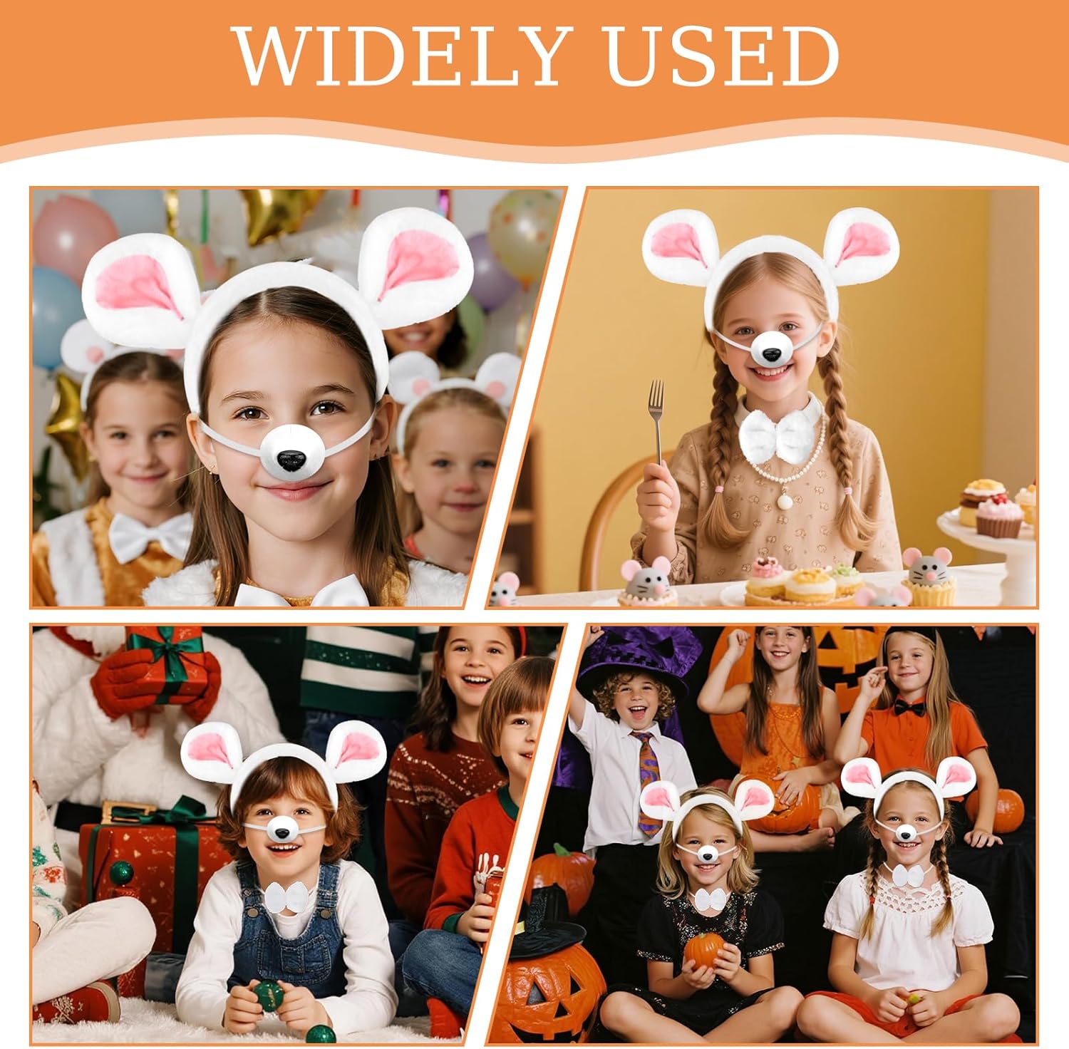 4 Pcs White Mouse Costume Set,Halloween Rat Nose and Headband White Costume Accessories,Mouse Ears and Bowtie Tail Accessories Set,Used for Halloween Adult Costumes Animal Accessory - Image 6