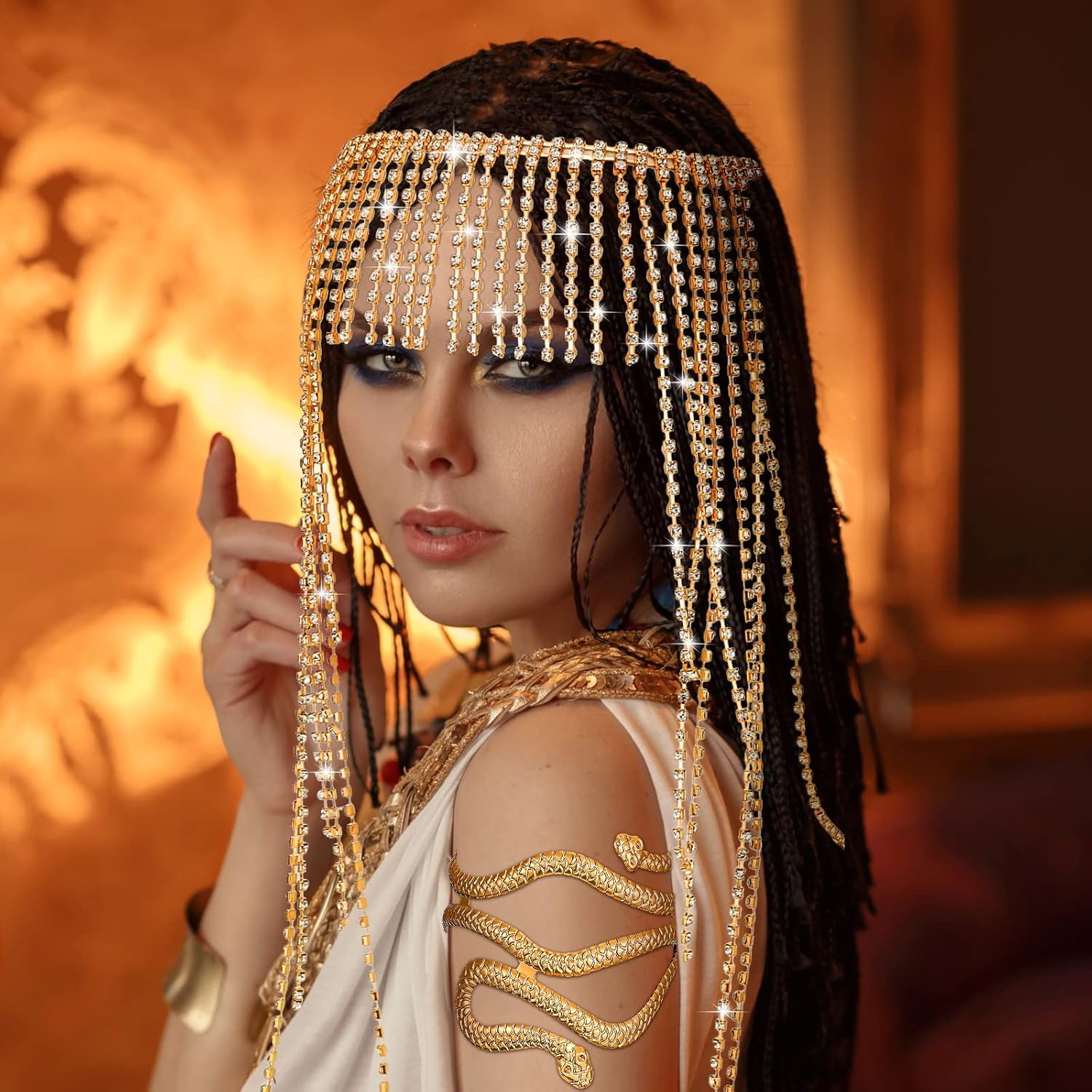 Sureio 4 Pieces Halloween Cleopatra Costume Women Egyptian Headpiece Accessories Egyptian Tassel Rhinestone Headpiece Snake Arm Cuff Gold Finger Ring and Hand Chain Bracelet - Image 5