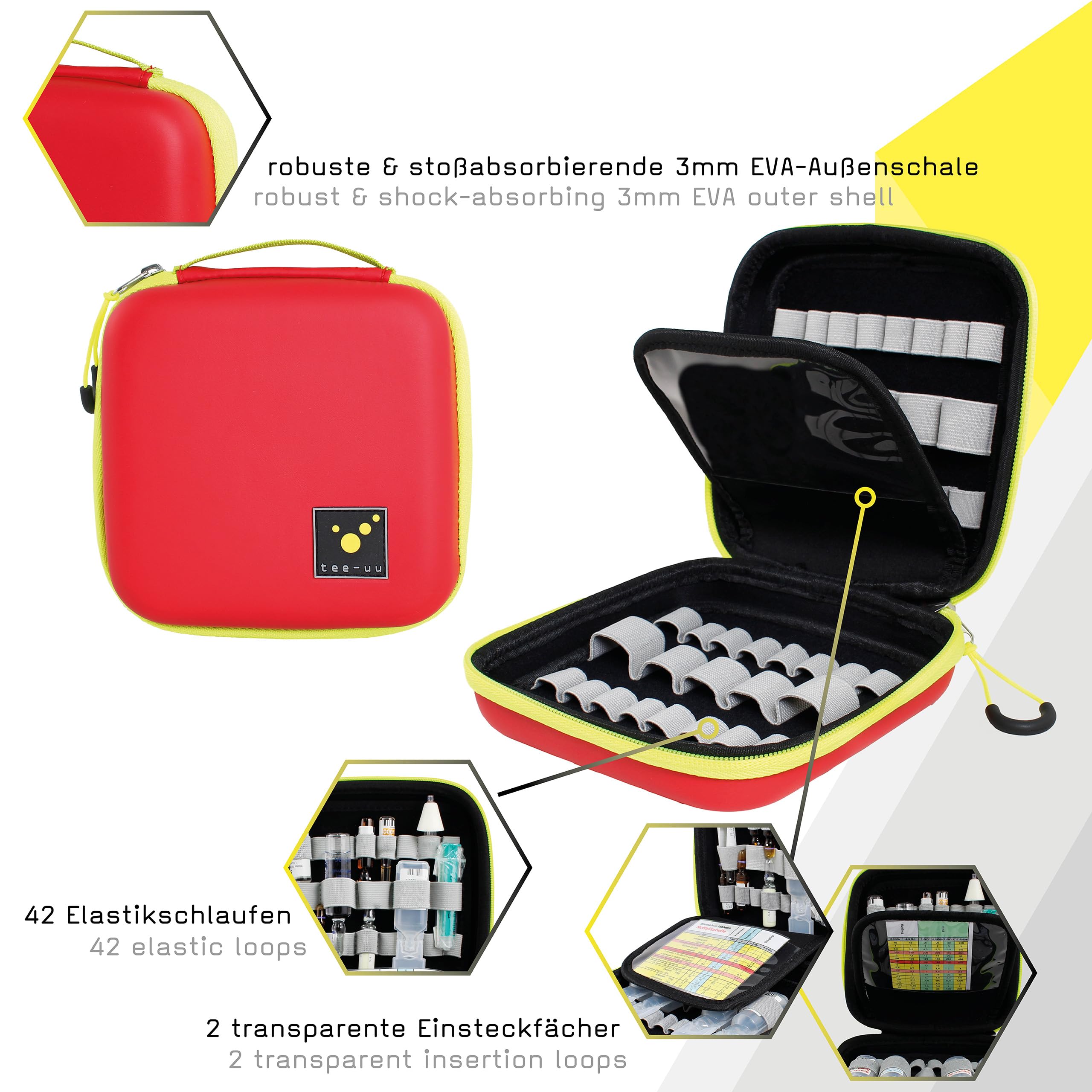 tee-uu AMPUSAFE XL | 16 x 5,5 x 16 cm | 42 elastyczne szlufki w dwóch rozmiarach, czerwony, ampullarium