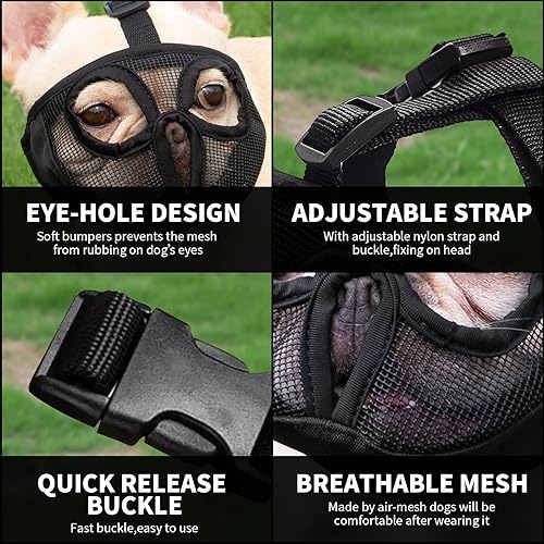 Miniatura 3 de Bozal corto para perro, bozal de bulldog ajustable, máscara de malla transpirable para perros para morder, masticar, ladrar, entrenamiento, lamer y