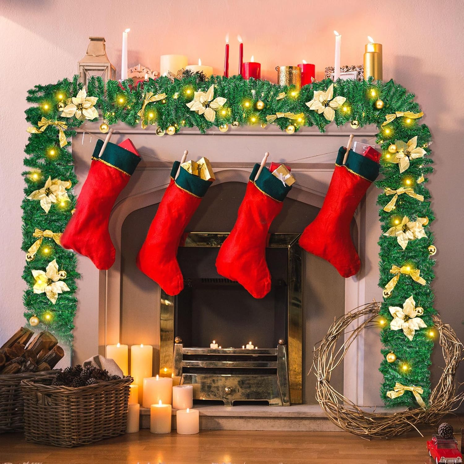 9ft Christmas Garland, Christmas Garland with Lights, Decorated