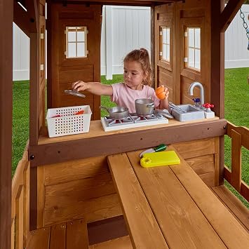 Backyard Discovery Spruce Hollow Spruce Wood Swing Set w/Wave Slide, Clubhouse, Rock Wall, Play Kitchen, Picnic Area, Belt Swings, Trapeze, Balconies, Playhouse, Ladder, Accessories, Outdoor Playset