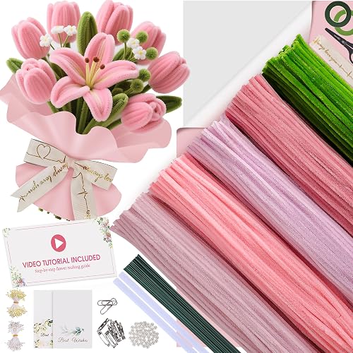 EARLY MINDS 500 Pcs Pipe Cleaners Craft Kit for Flower Making, Complete DIY Bouquet Set with Tutoria, Chenille Stems, Craft Wire, Ribbon & More, Perfect for Arts Decor, Mother's Day Handmade Gifts