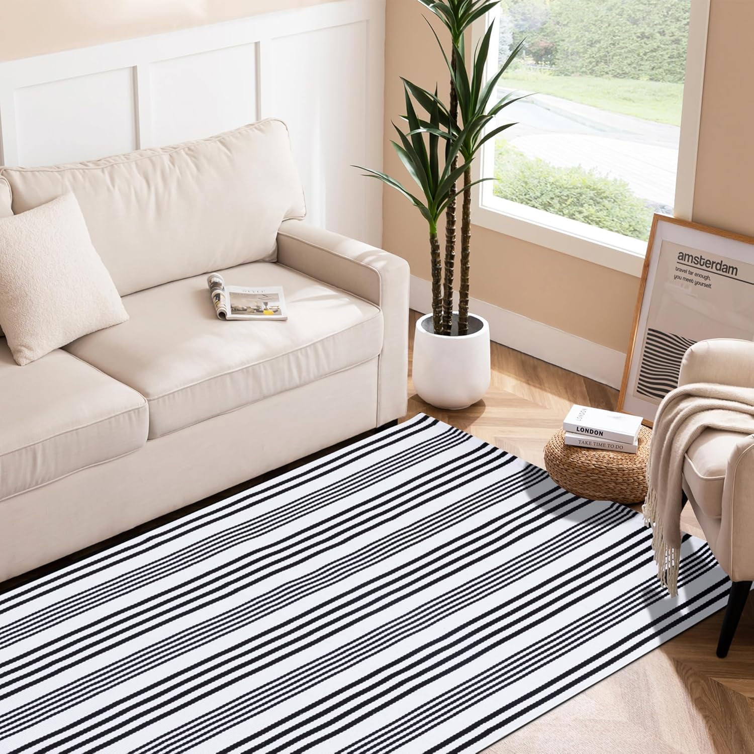 joycloth Black and White Outdoor Rug 3 x 5 ft HandWoven Cotton Striped Front Porch