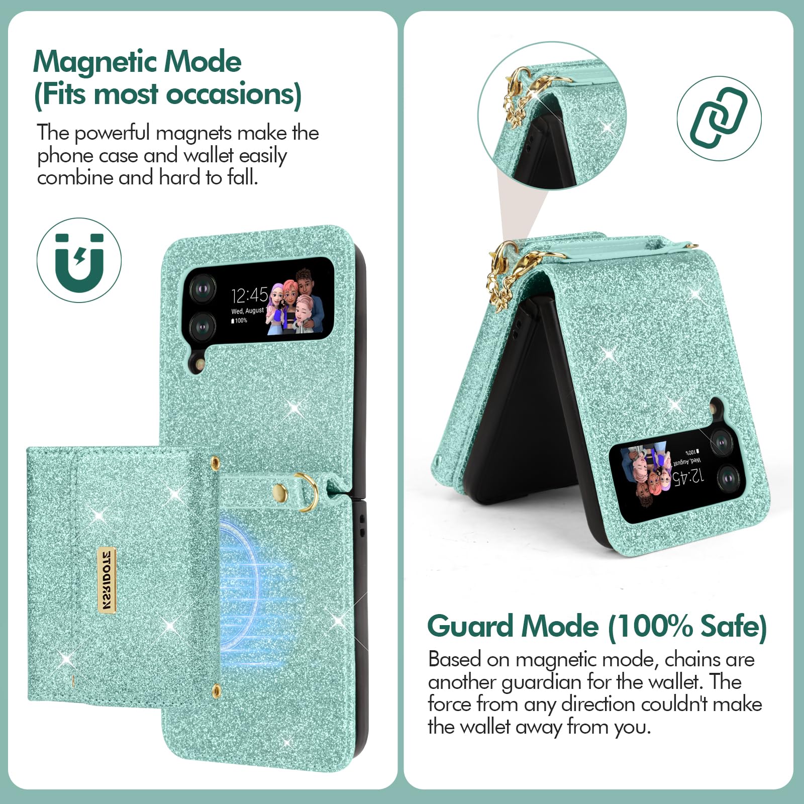 KSRIDOTE for Samsung Galaxy Z Flip 4 Case Wallet Card Holder with Strap Lanyard Bling Samsung Galaxy Z Flip 4 Wallet Case Cross Body Purse Cell Phone Case for Women,Mint Green