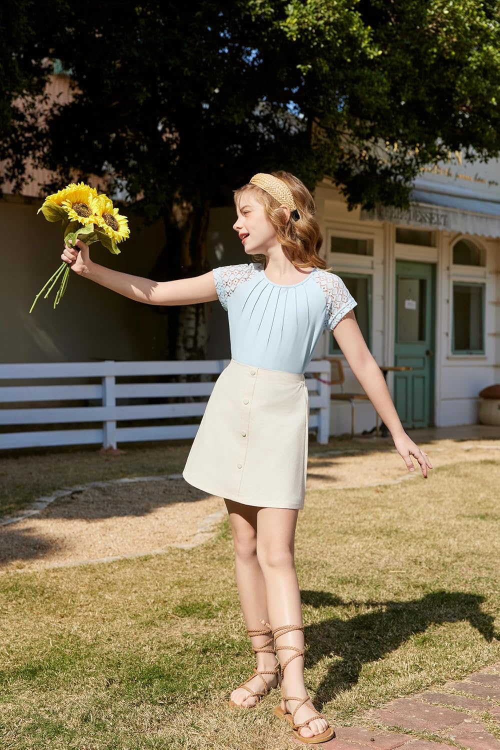 Arshiner Girls Shirts Short Sleeves Lace Pleated Kids Summer Tops Casual Crewneck Blouses Tees - Image 5