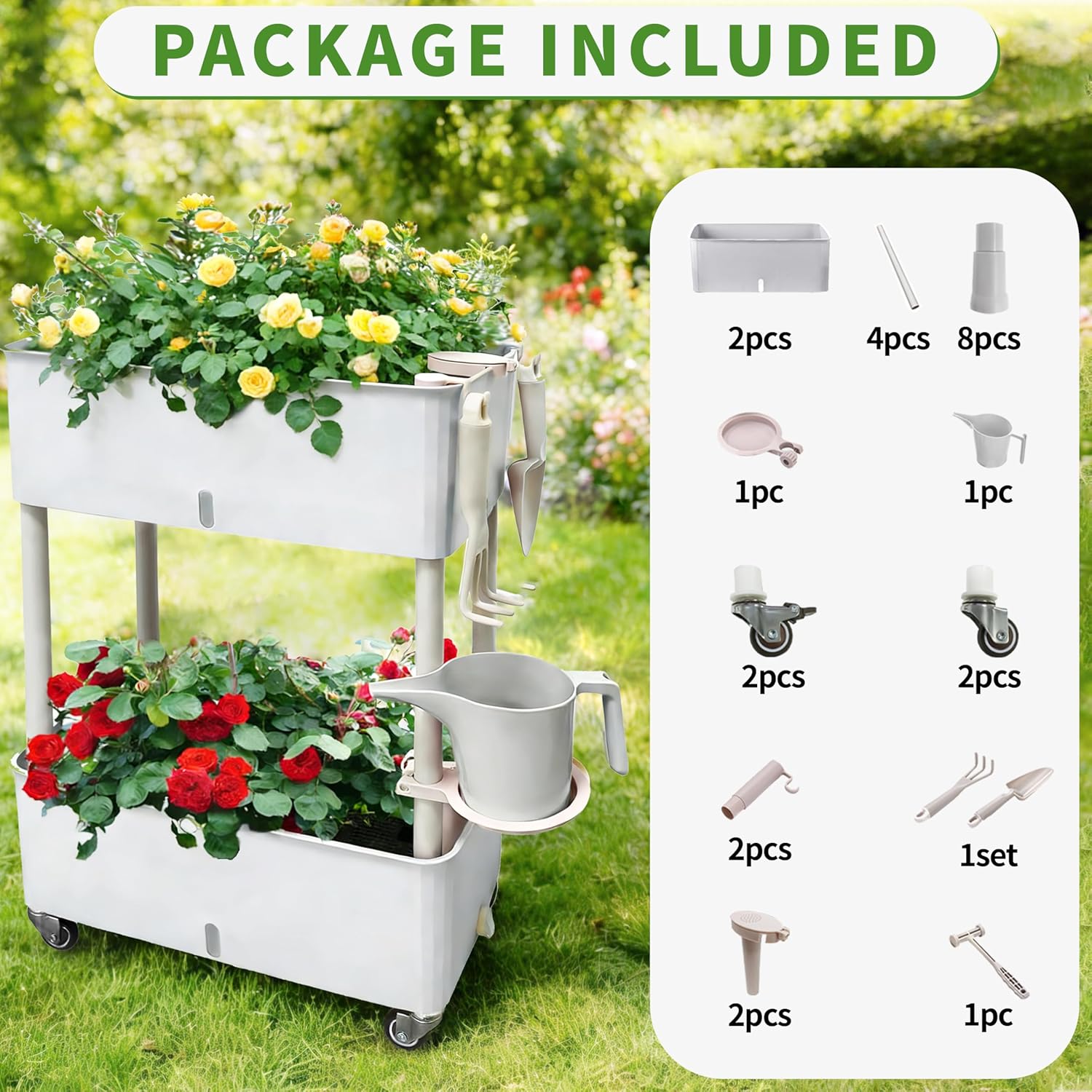 MNKXL Self-Watering Raised Planter Box with Lockable Wheels,2-Tier Elevated Garden Bed with Visible Water Level Window,Indoor Outdoor Plastic Plant Box for Flowers,Vegetables & Herbs