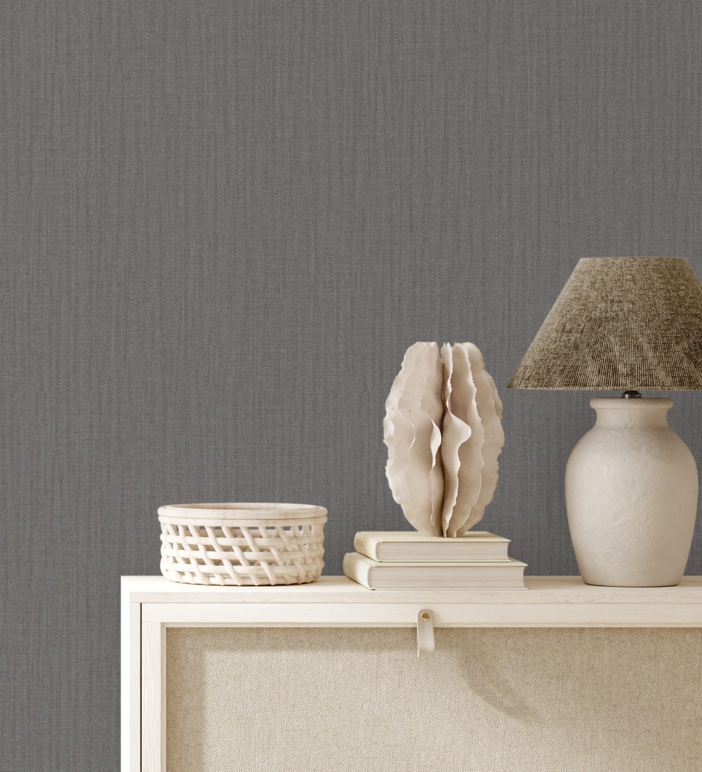 Papier peint gris foncé effet lin rouleau 10m x 0,53m pour chambre et tête de lit