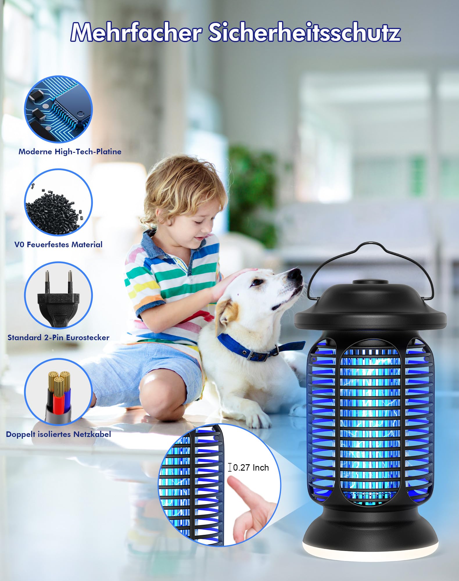 Insektenvernichter Elektrisch 4000V, Fliegenfalle Elektrisch 20W mit LED Licht, UV Mückenlampe IPX4 Wasserdicht, Anti Mücken Fliegen Insekten, Mückenfalle für Draußen Innen