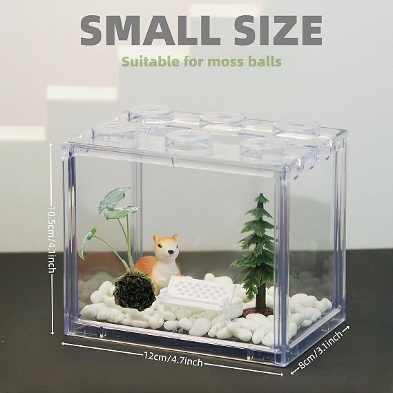 Small Sea Monkey Tank, Stackable Mini Betta Fish Tank Tinny Aquarium Kit with Aquarium Gravel, Moss Ball Tank Shrimp Tank 0.27 Gallon Acrylic Cube Fish Bowl for Shrimp Snails