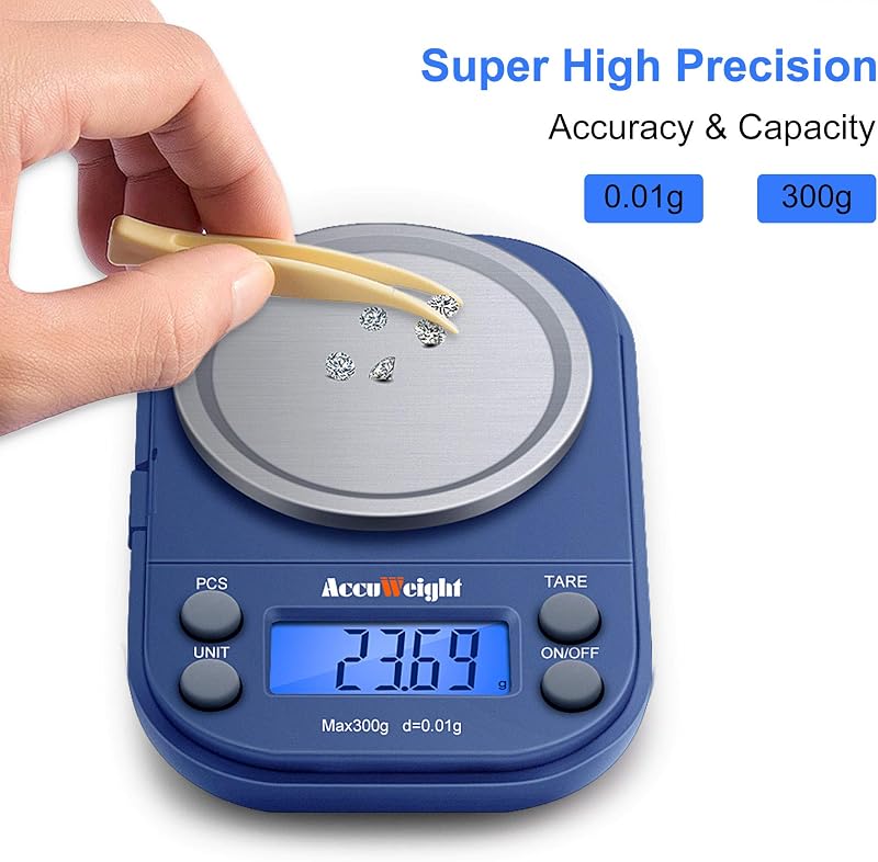 Accuweight Digitális Zsebmérleg 300g/0.01g - Kék LCD Kijelzővel, Számláló Funkcióval, Ékszer, Levél, Érme Mérésére, Hordozható Precíziós Mér