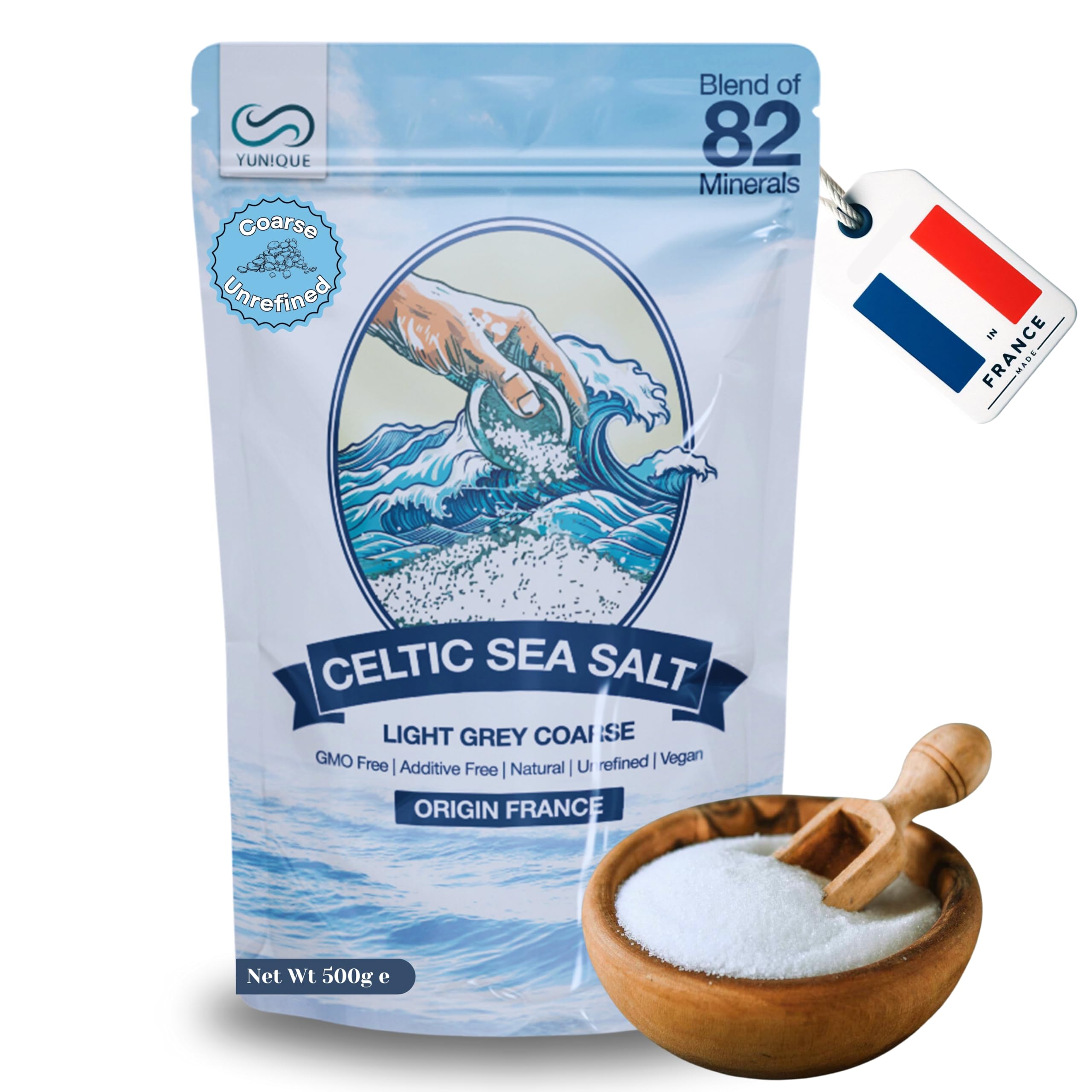 Celtic Sea Salt Organic 500g| 100% Natural Unrefined Coarse Crystals Hand-Harvested in Guérande, France | Pure 82+ Mineral-Rich Celtic Salt Organic for Cooking, Baking & Seasoning | 1 Pack(500g).