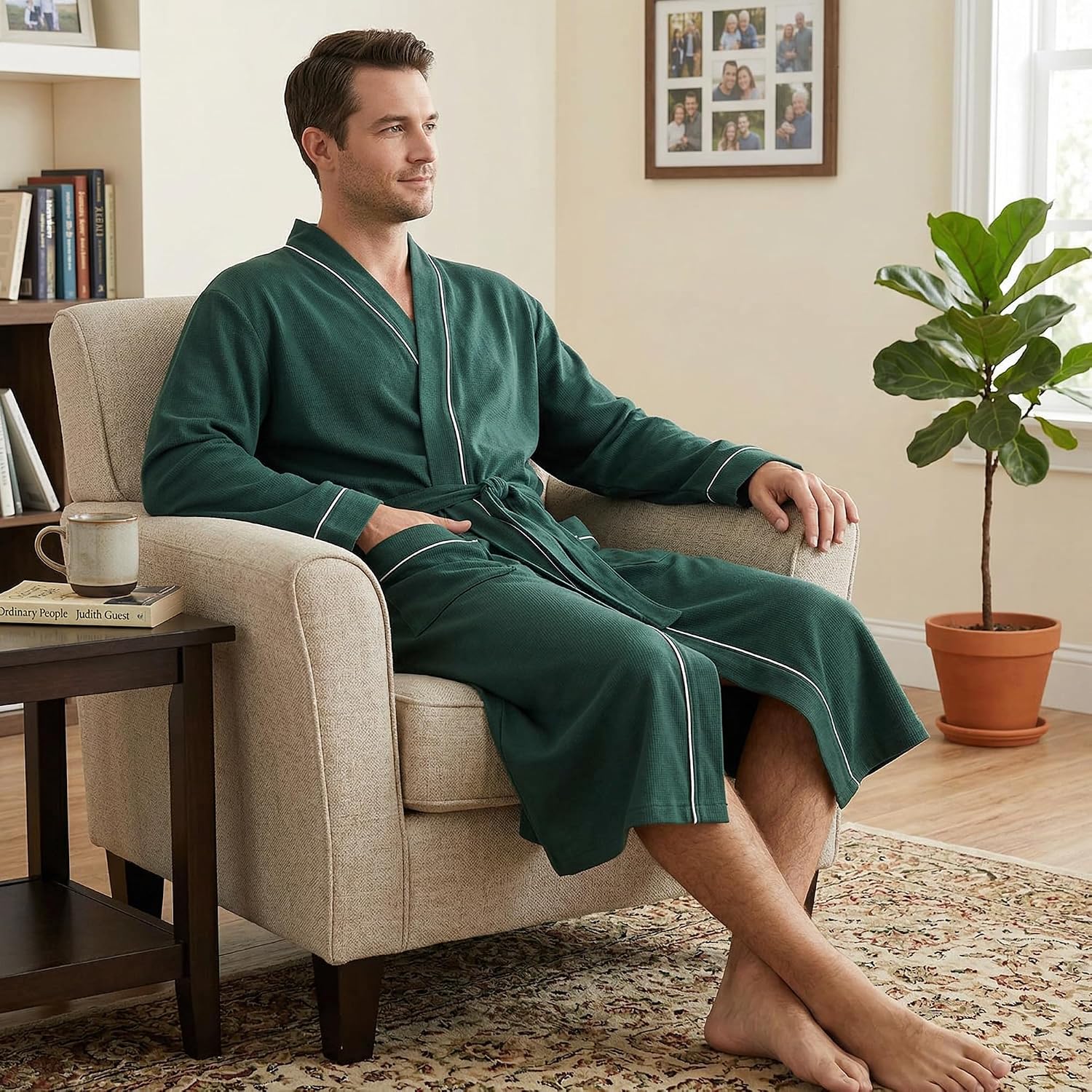 Vulcanodon Luxury Cotton Robe for Men, Soft Breathable Kimono Bathrobe with Pockets for Lightweight